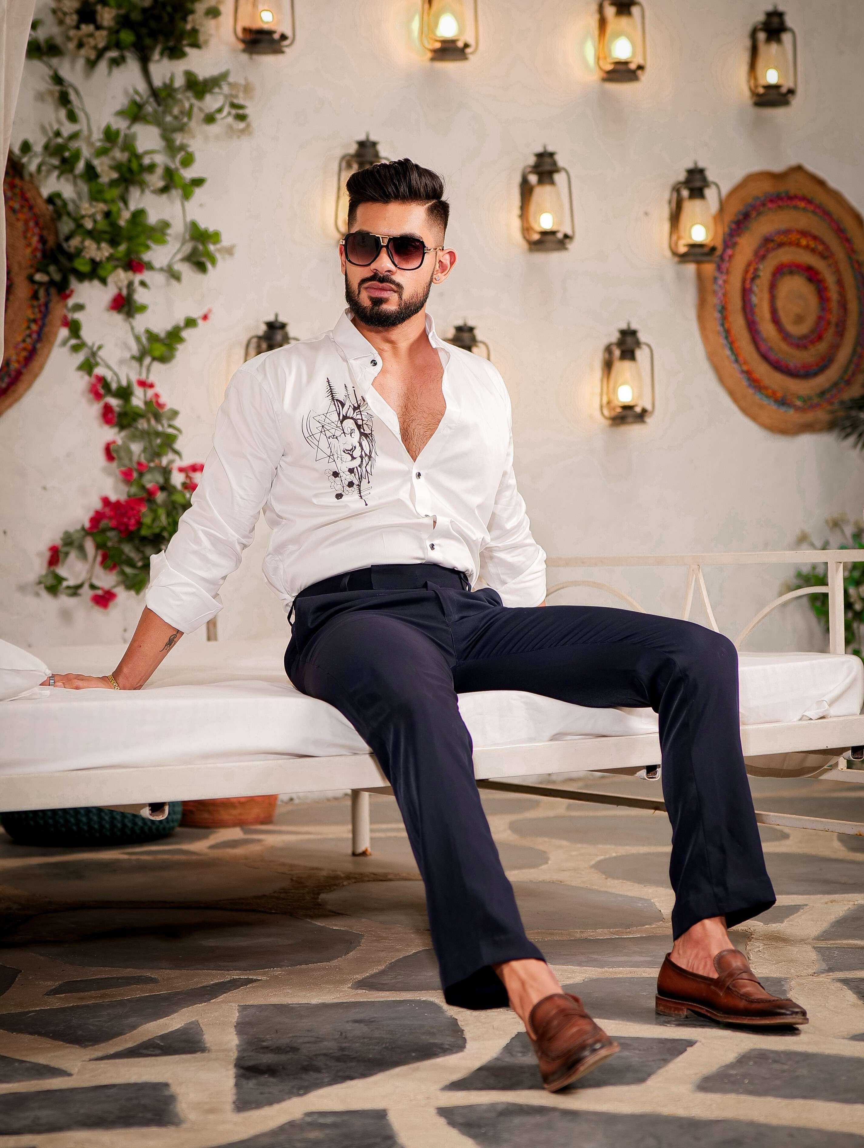 White Club Wear Printed Satin Cotton Shirt - Image 3