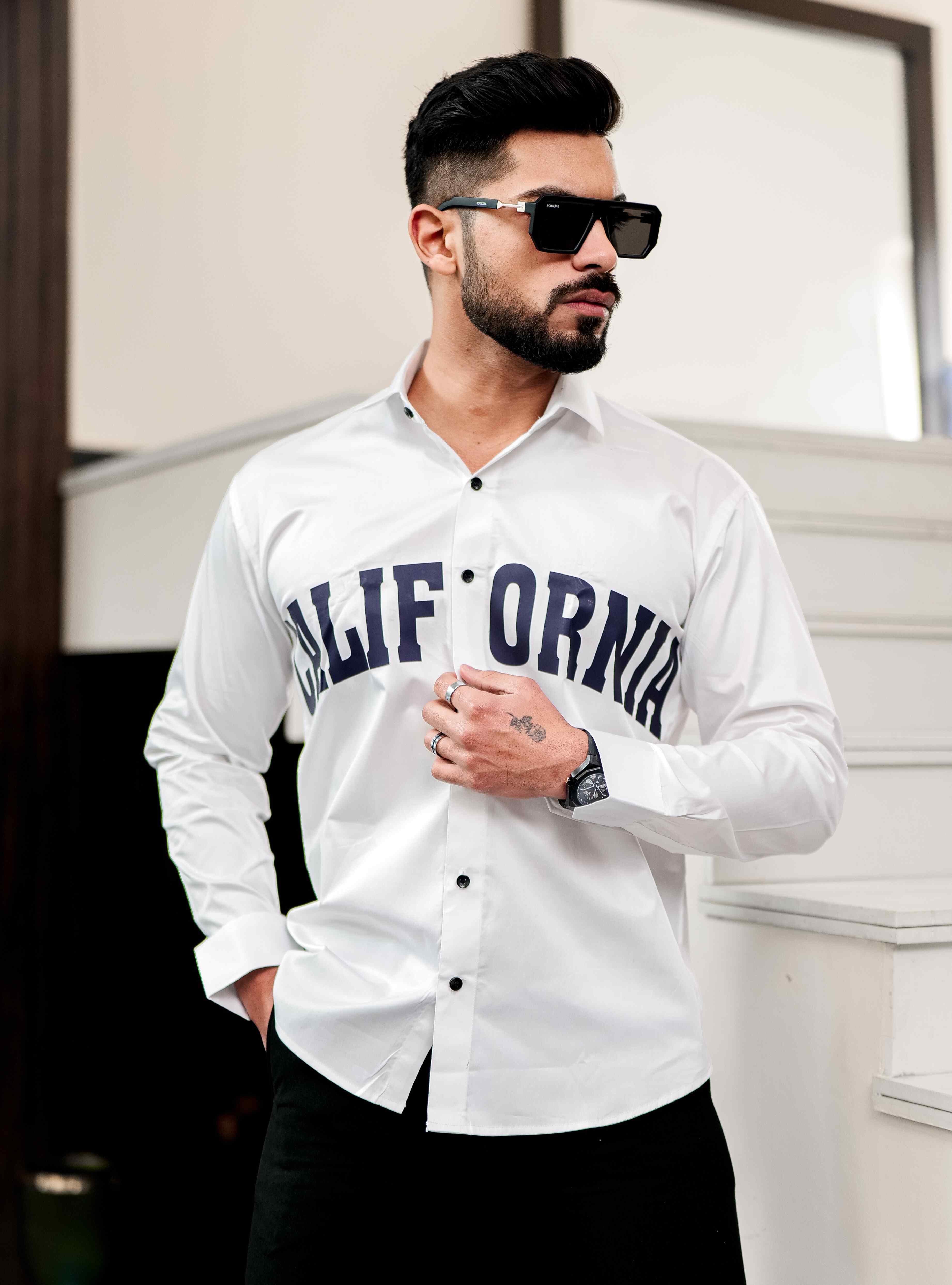 White Club Wear Printed Satin Cotton Shirt - Image 8
