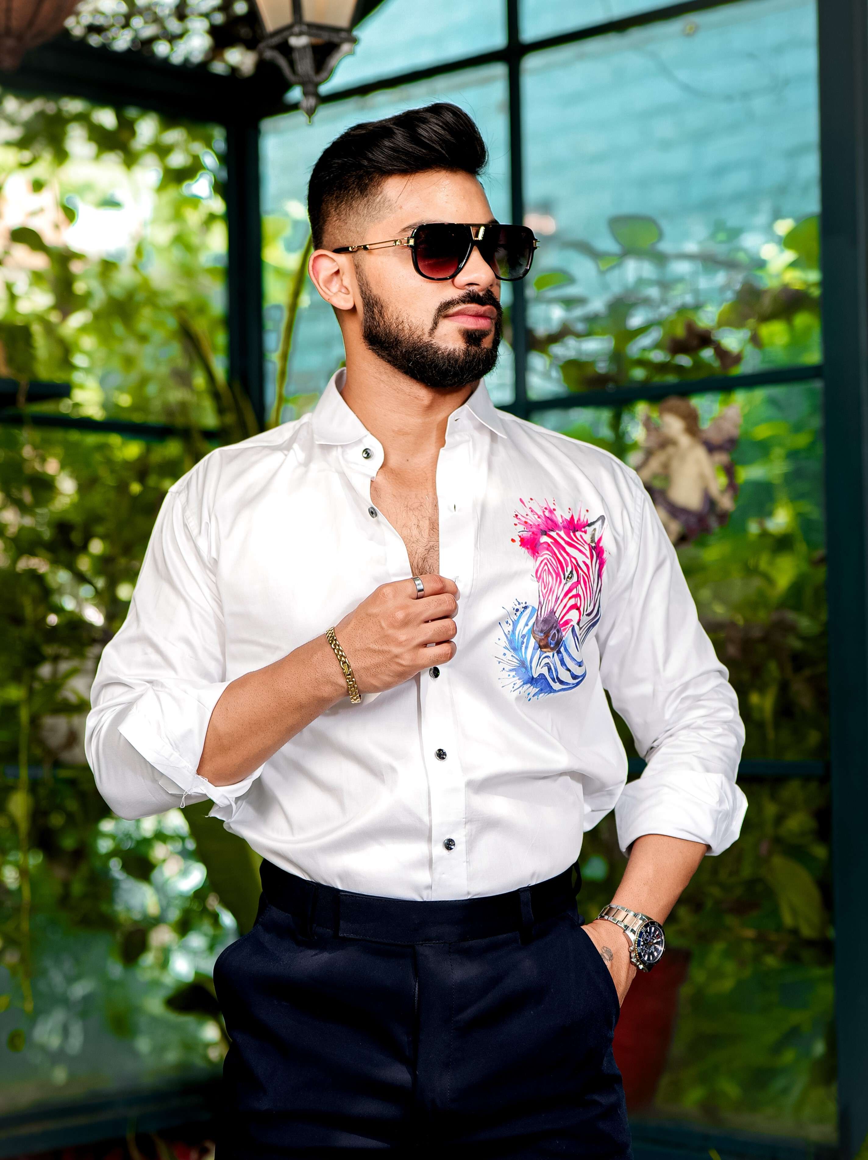 White Club Wear Printed Satin Cotton Shirt - Image 5