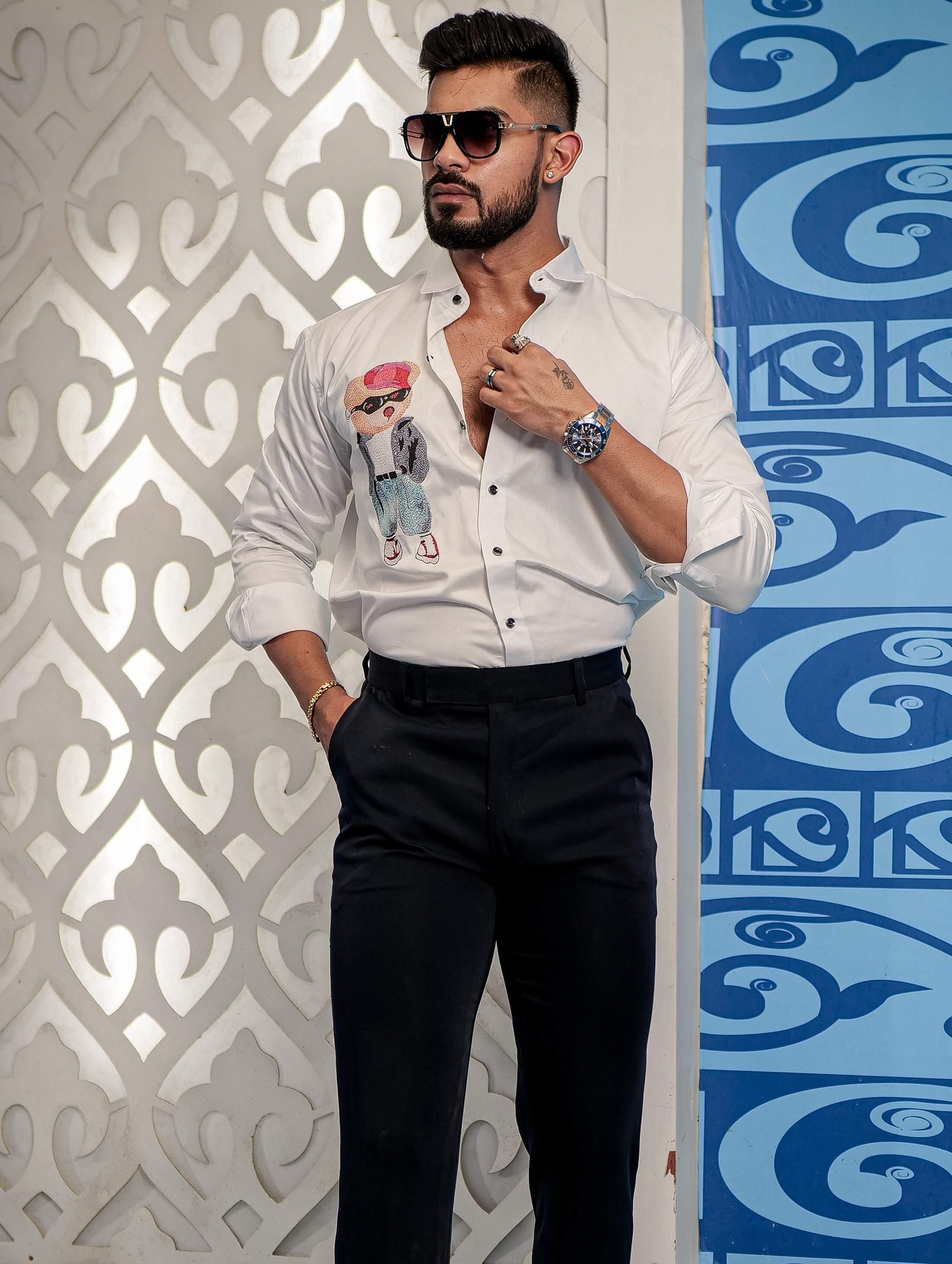 White Club Wear Printed Satin Cotton Shirt - Image 4