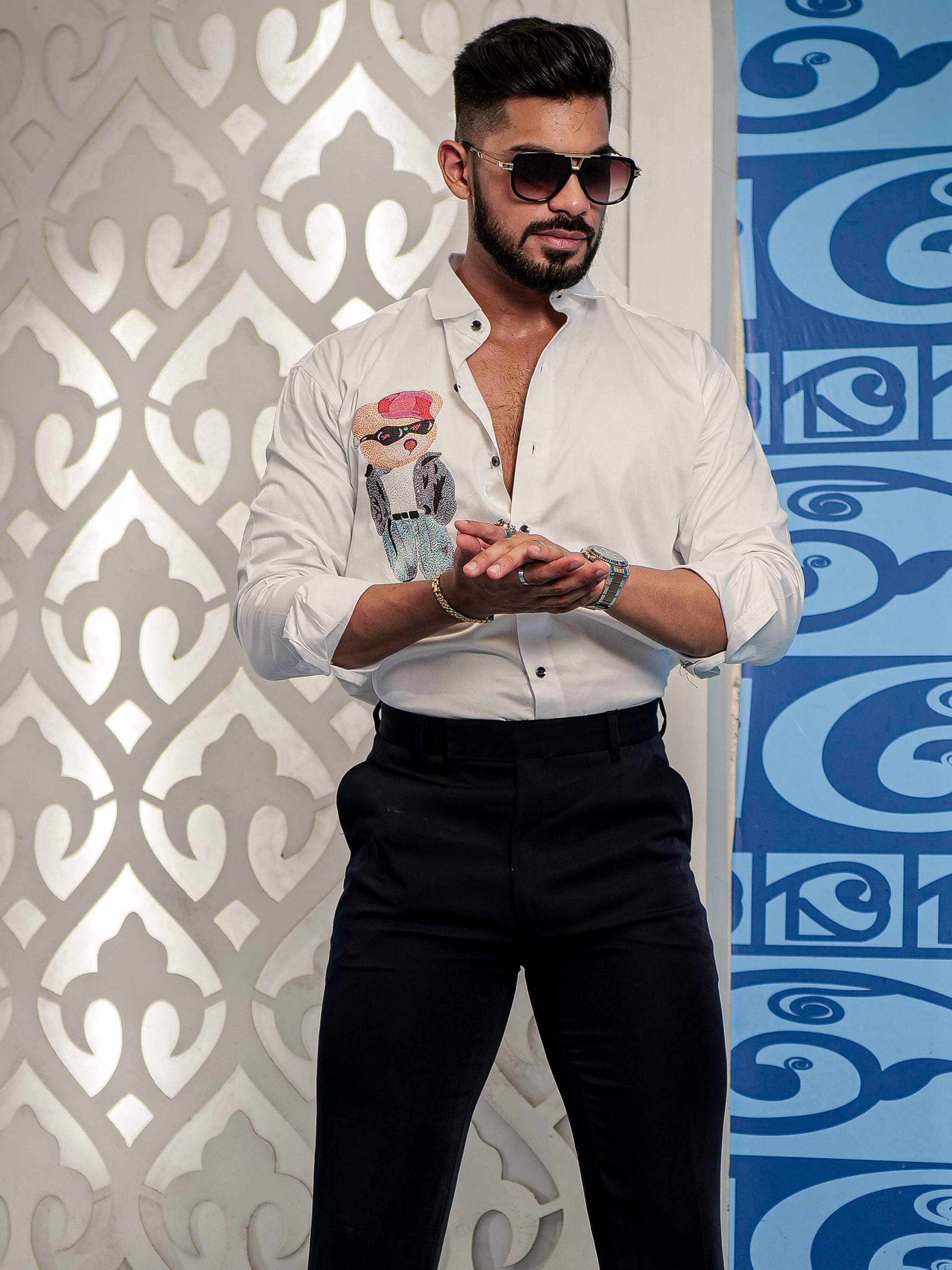 White Club Wear Printed Satin Cotton Shirt - Image 5