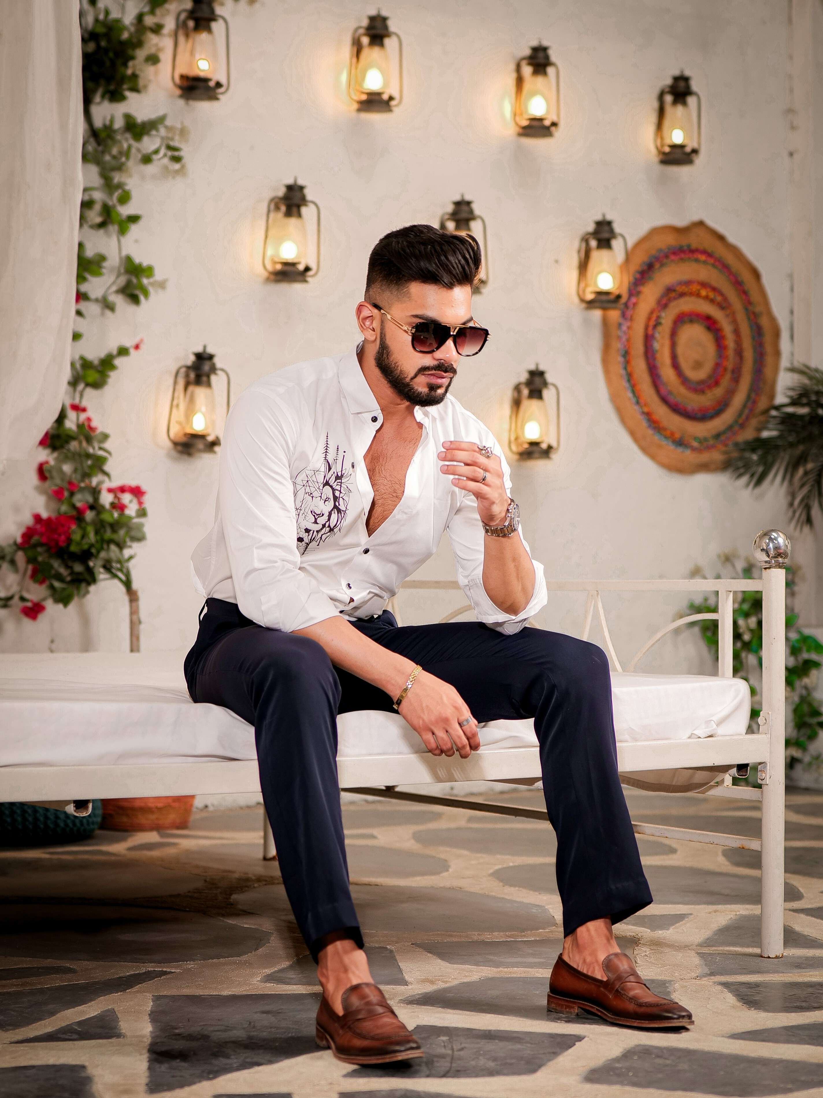 White Club Wear Printed Satin Cotton Shirt - Image 5