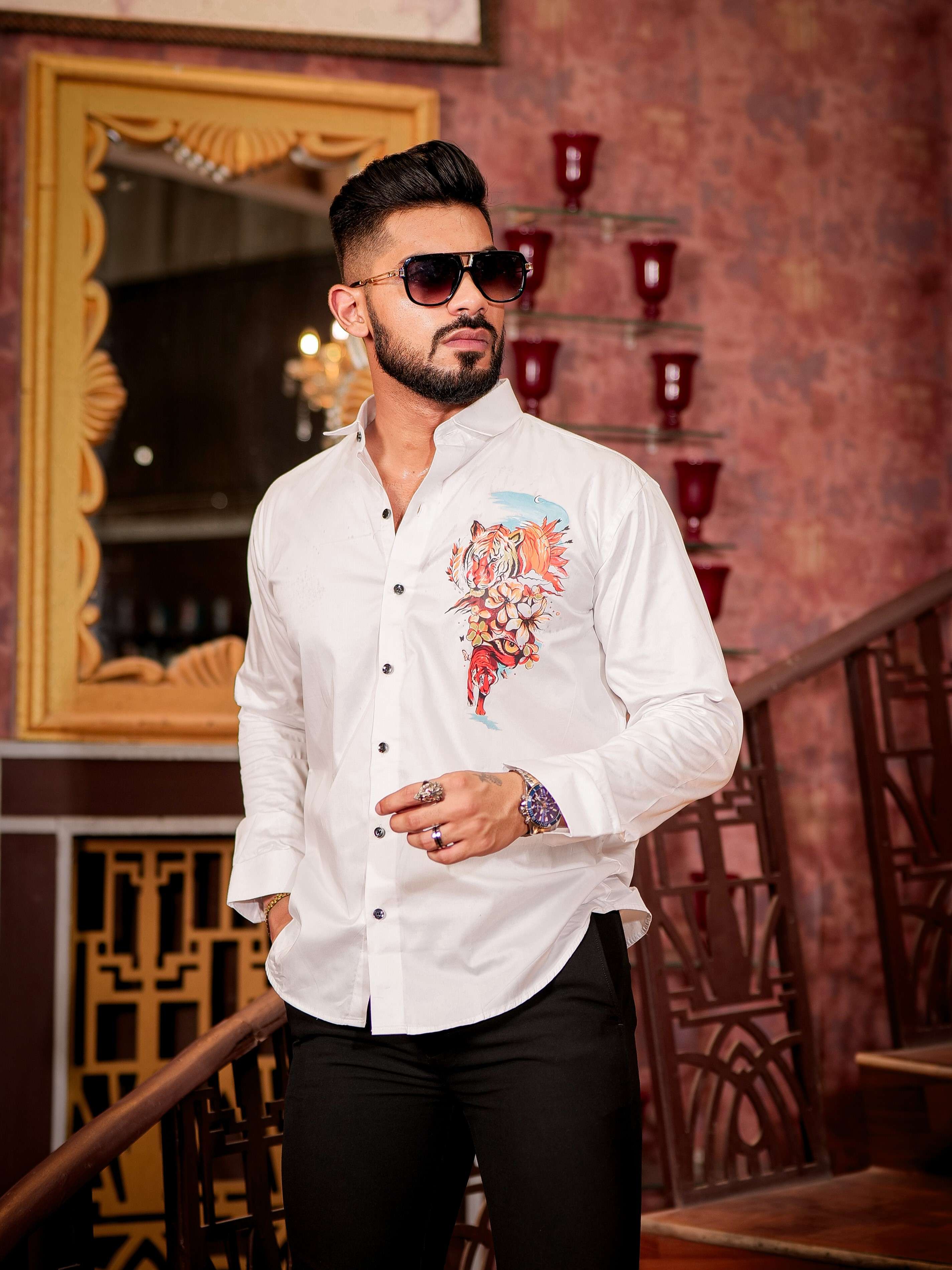 White Club Wear Printed Satin Cotton Shirt - Image 6
