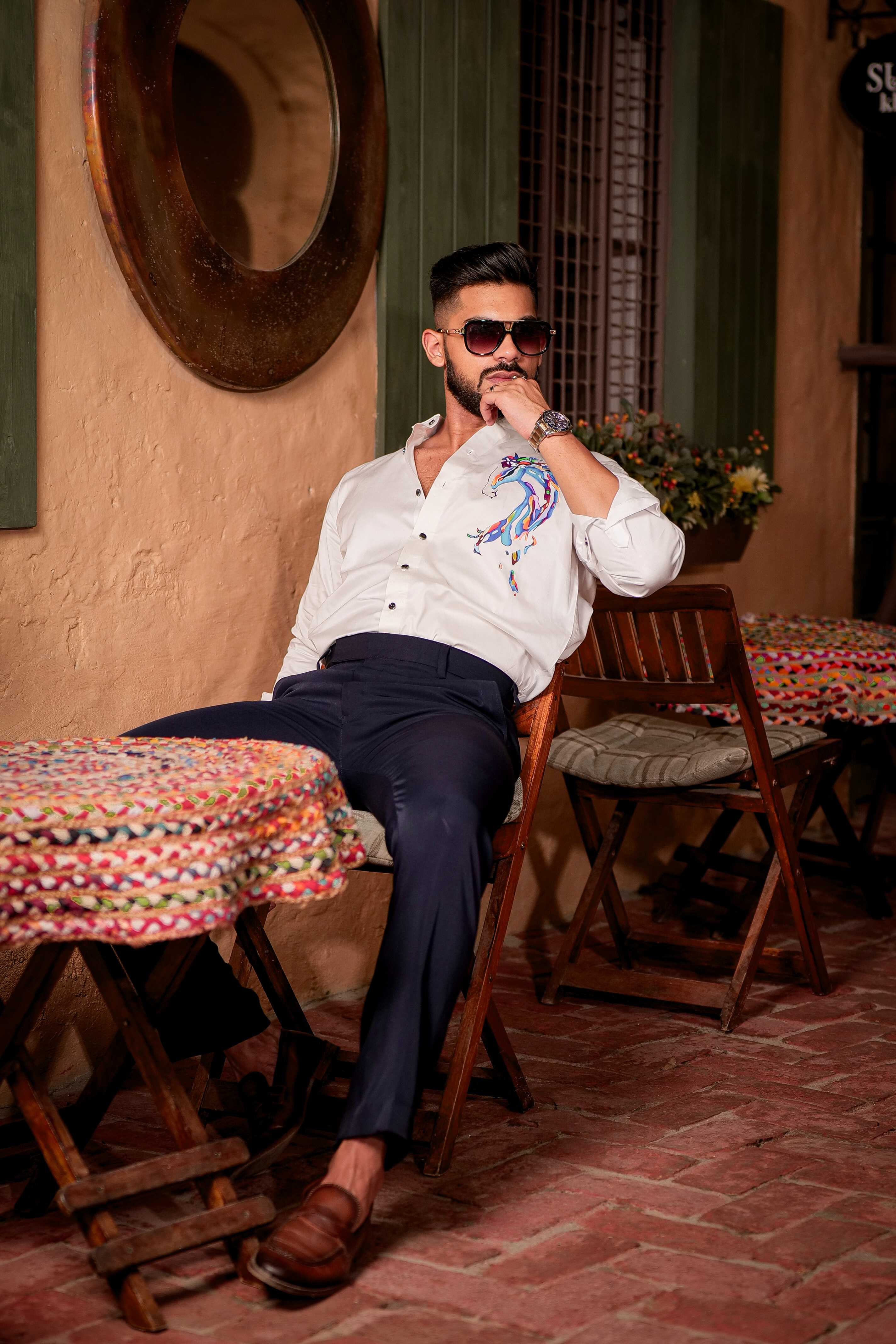White Club Wear Printed Satin Cotton Shirt - Image 3