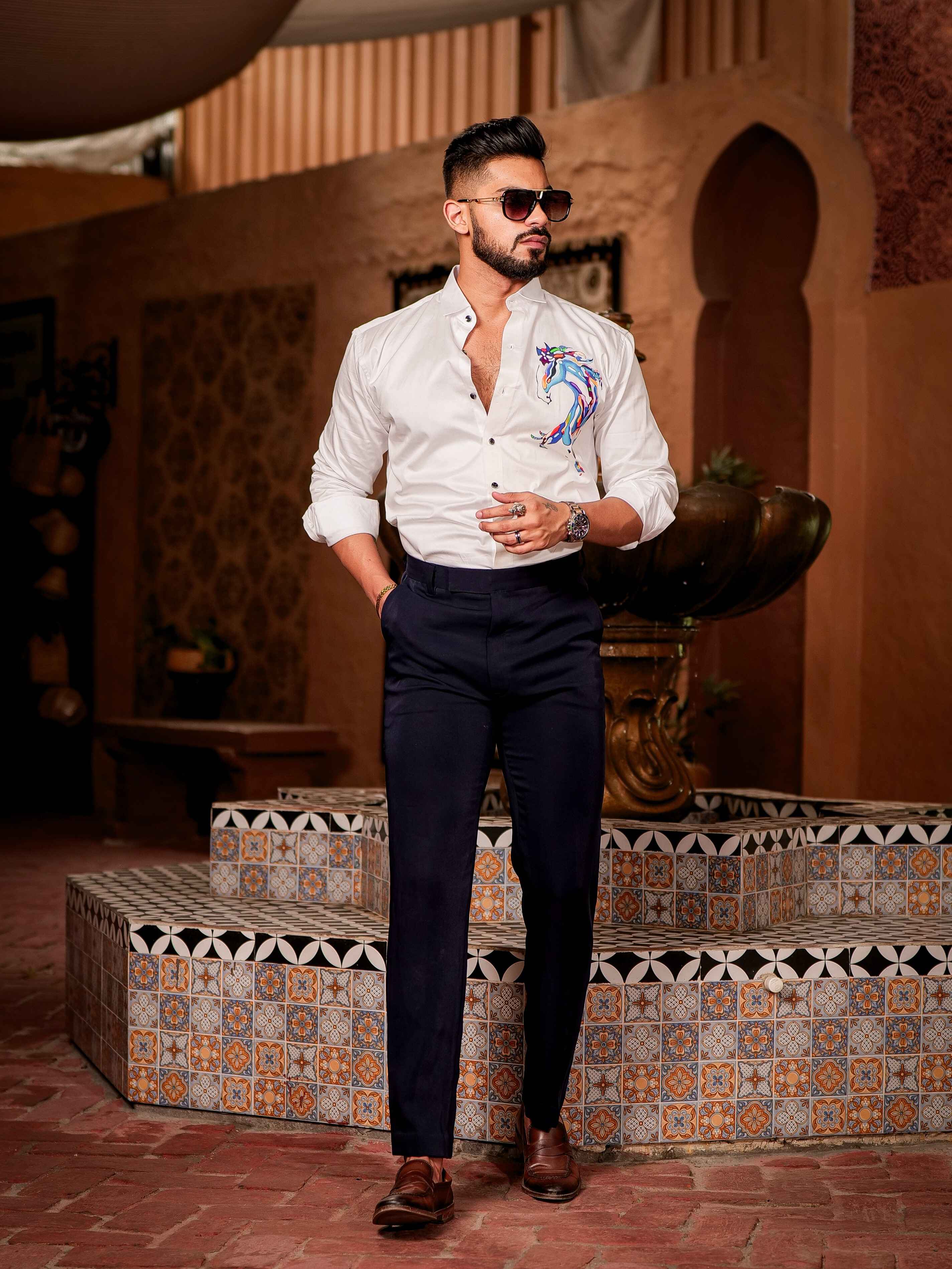 White Club Wear Printed Satin Cotton Shirt - Image 4