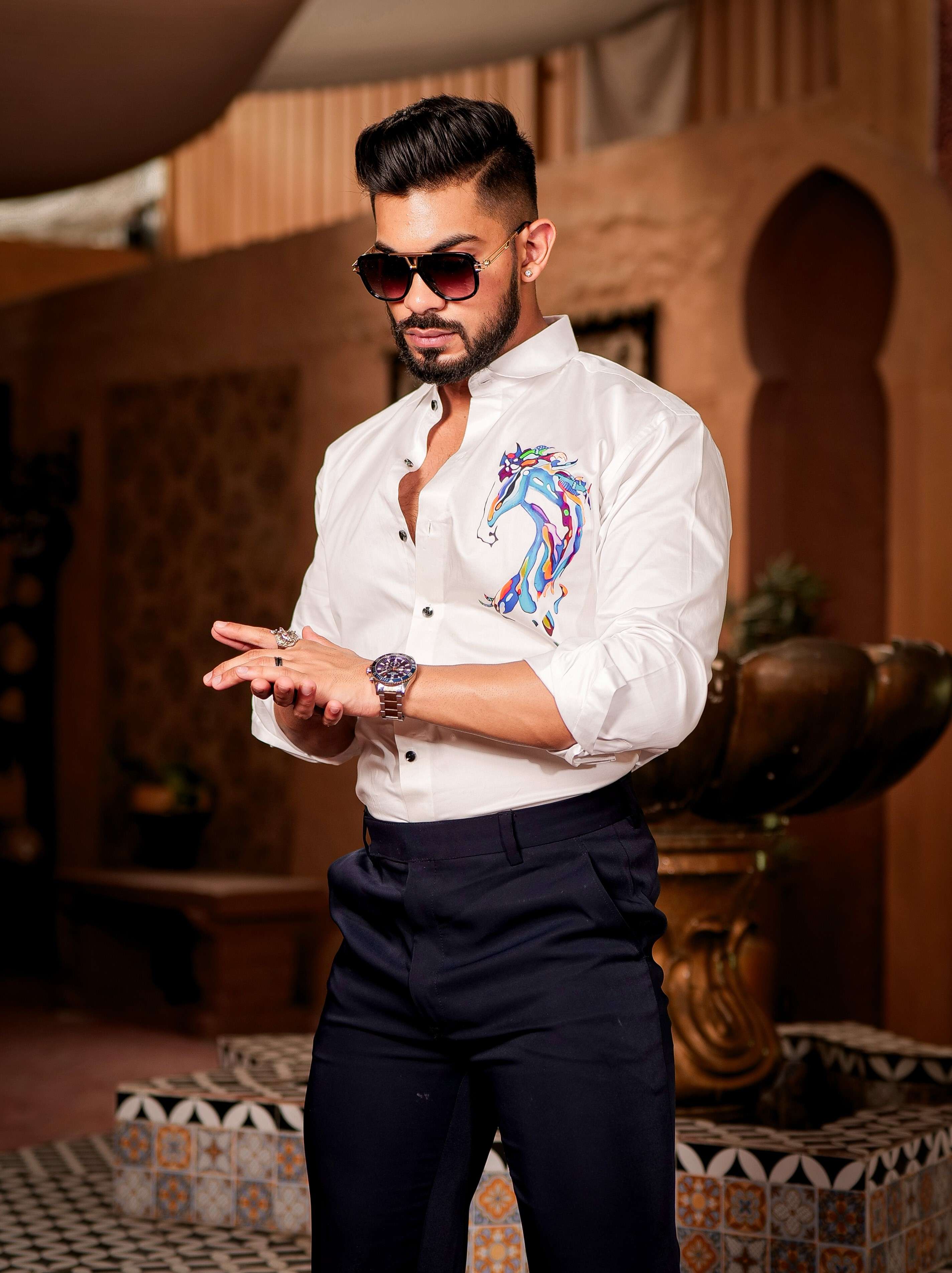 White Club Wear Printed Satin Cotton Shirt - Image 5