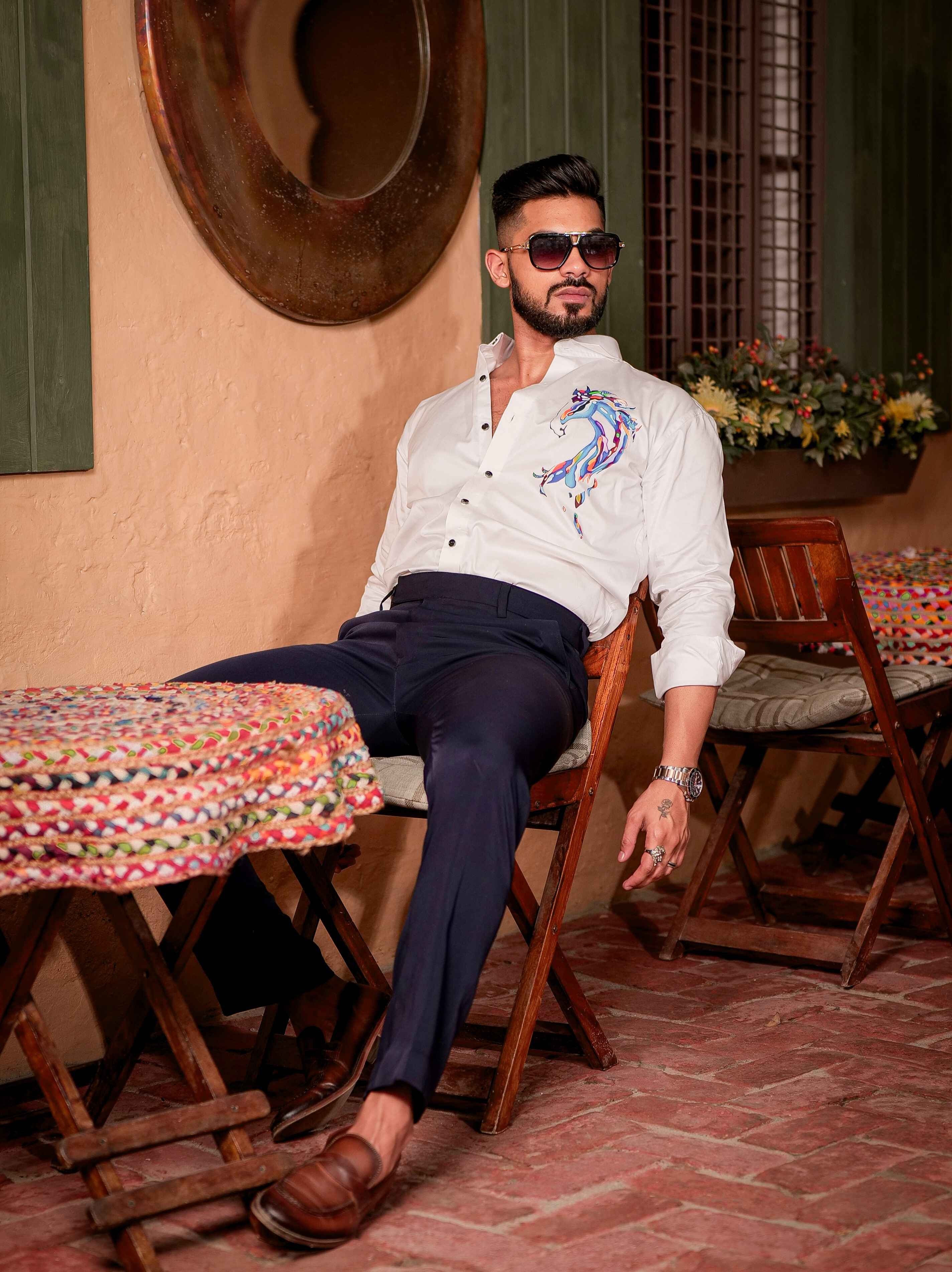 White Club Wear Printed Satin Cotton Shirt - Image 7