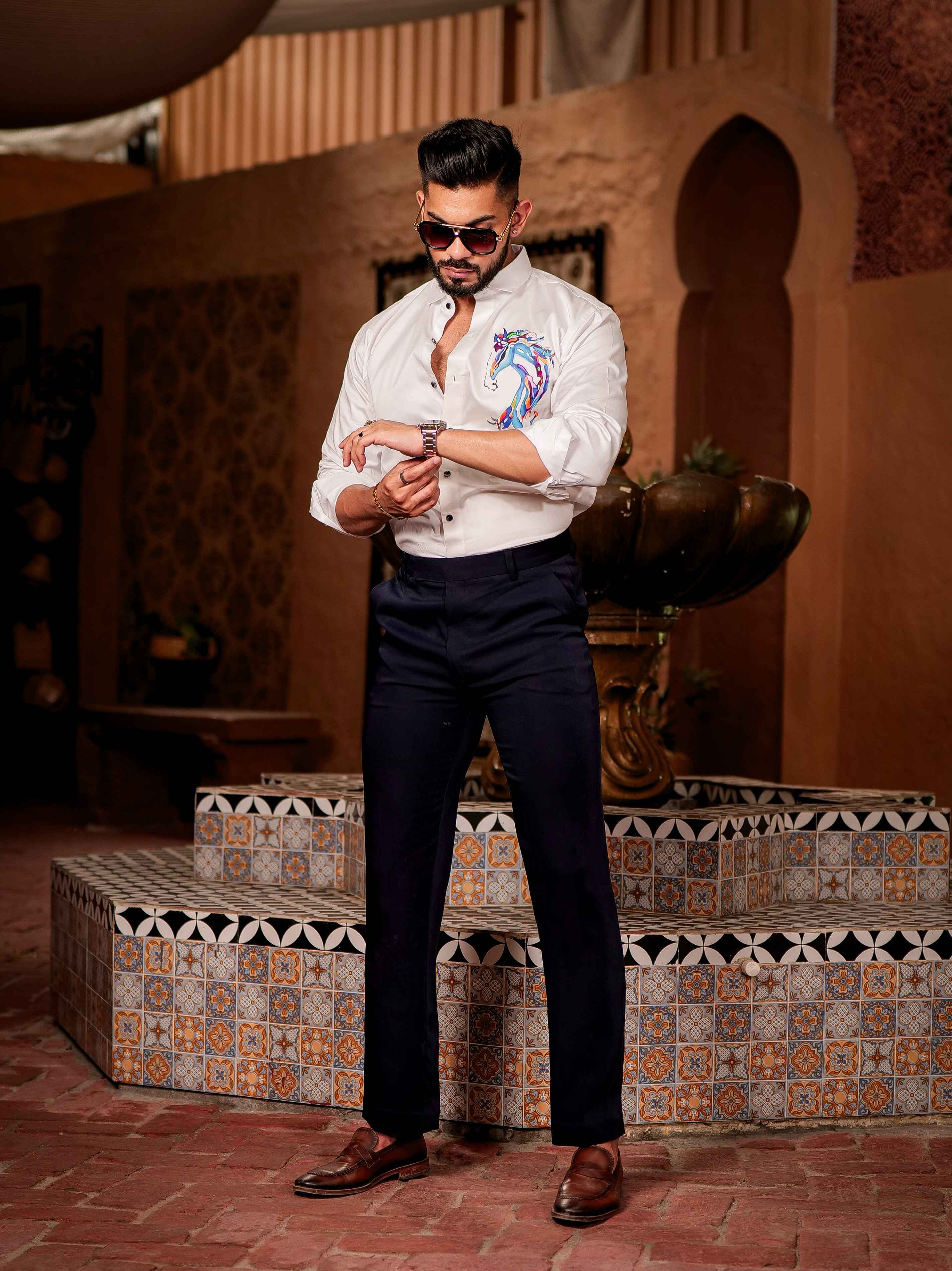 White Club Wear Printed Satin Cotton Shirt - Image 8