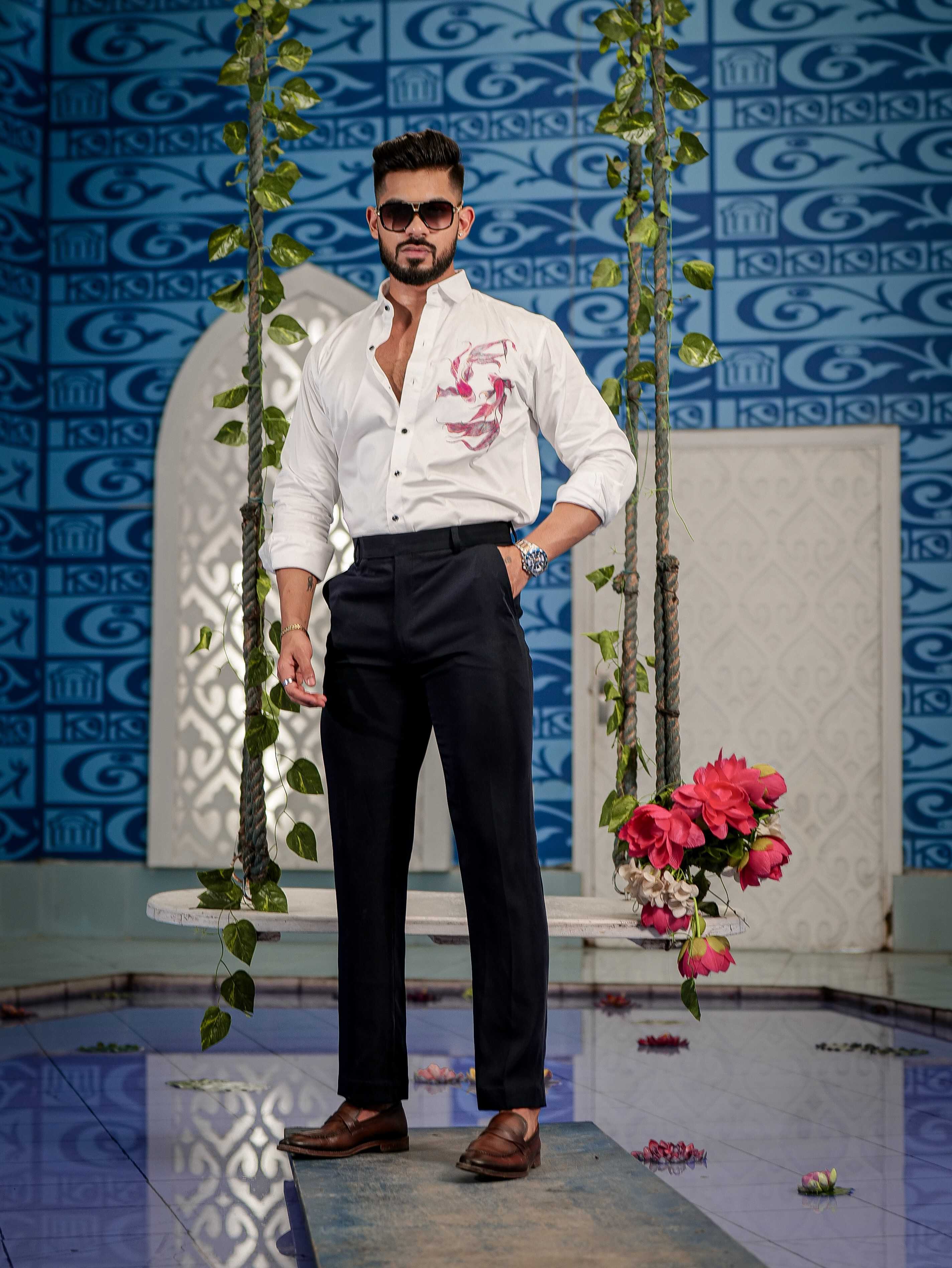White Club Wear Printed Satin Cotton Shirt - Image 3