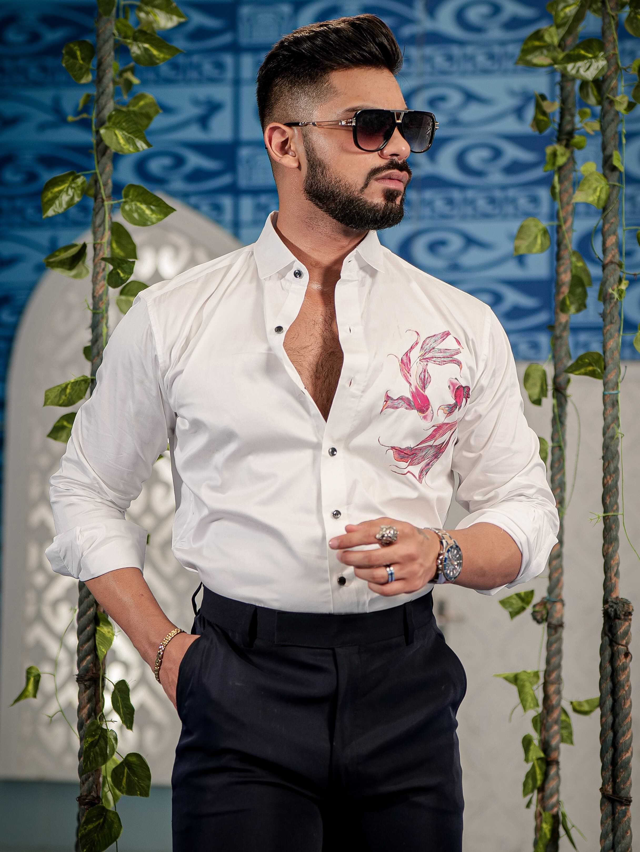 White Club Wear Printed Satin Cotton Shirt - Image 7