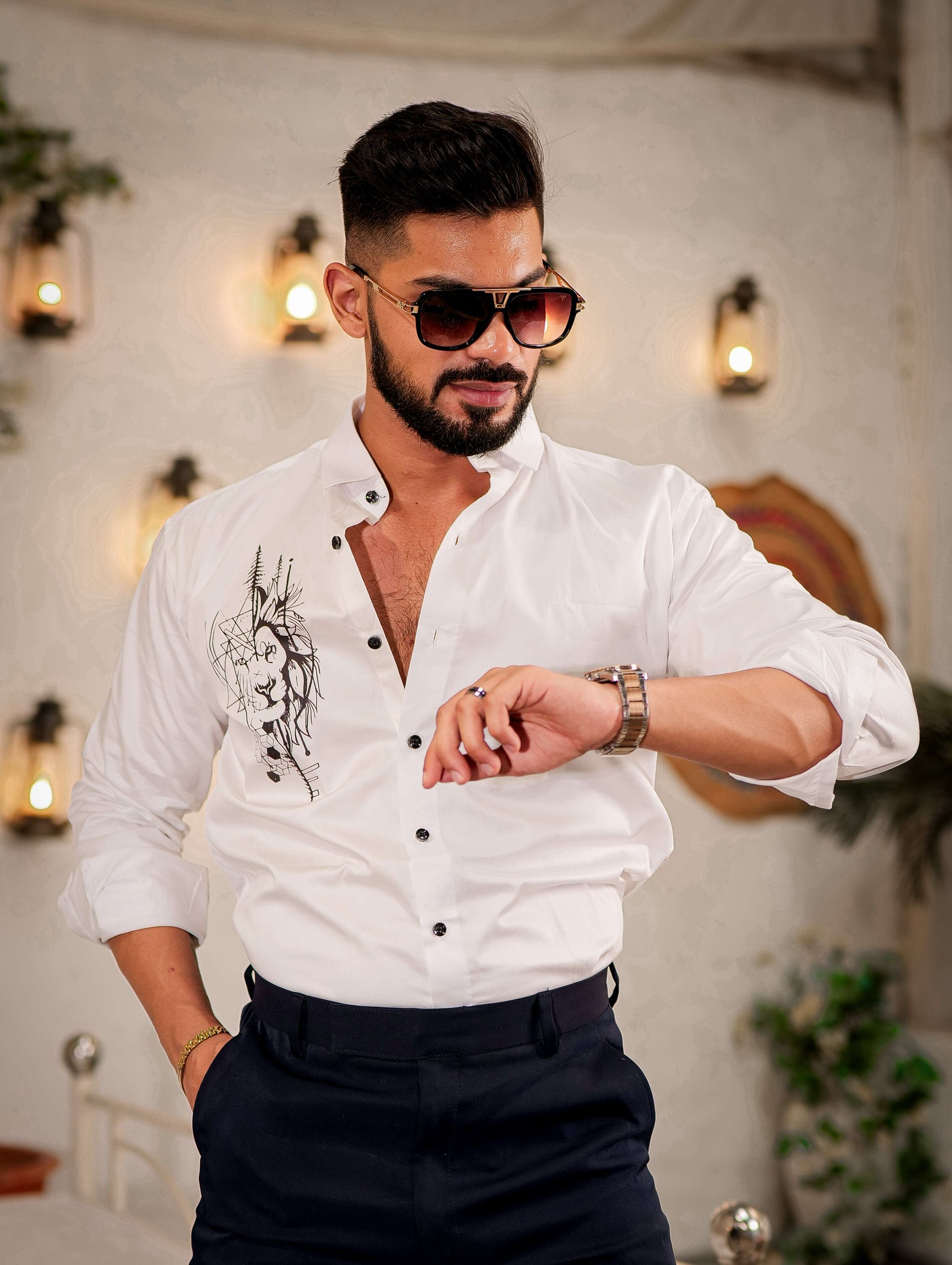 White Club Wear Printed Satin Cotton Shirt - Image 8