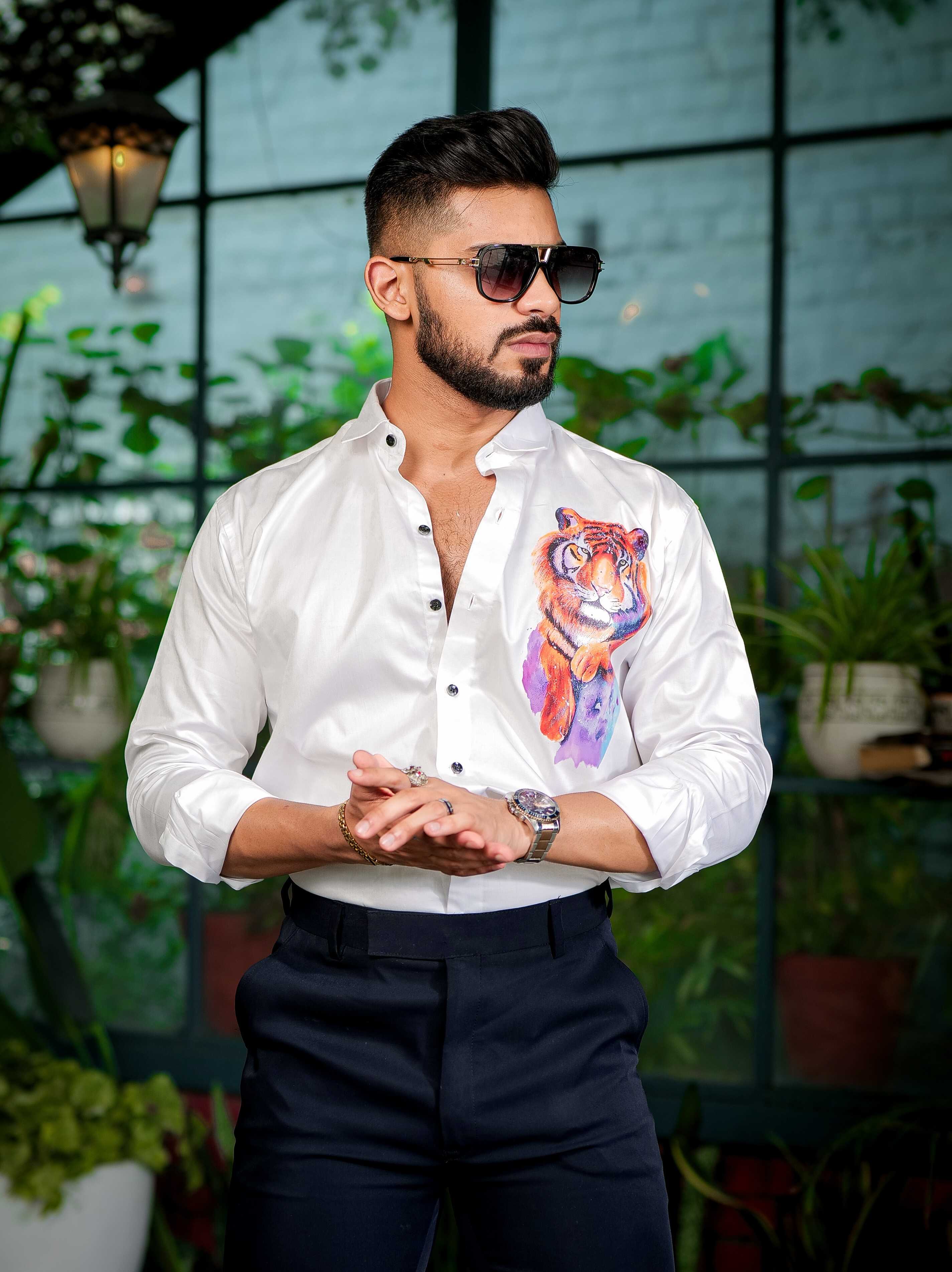 White Club Wear Printed Satin Cotton Shirt - Image 6