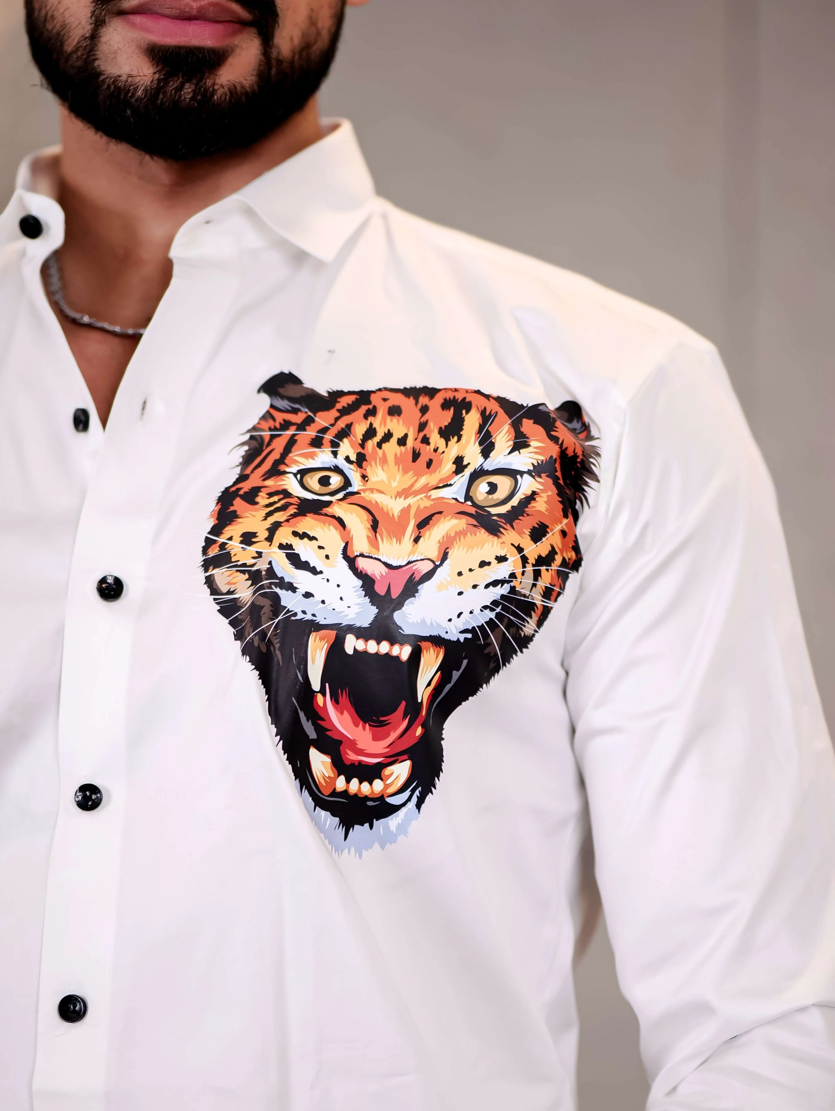 White Club Wear Roar Cheetah Printed Satin Cotton Shirt - Image 2