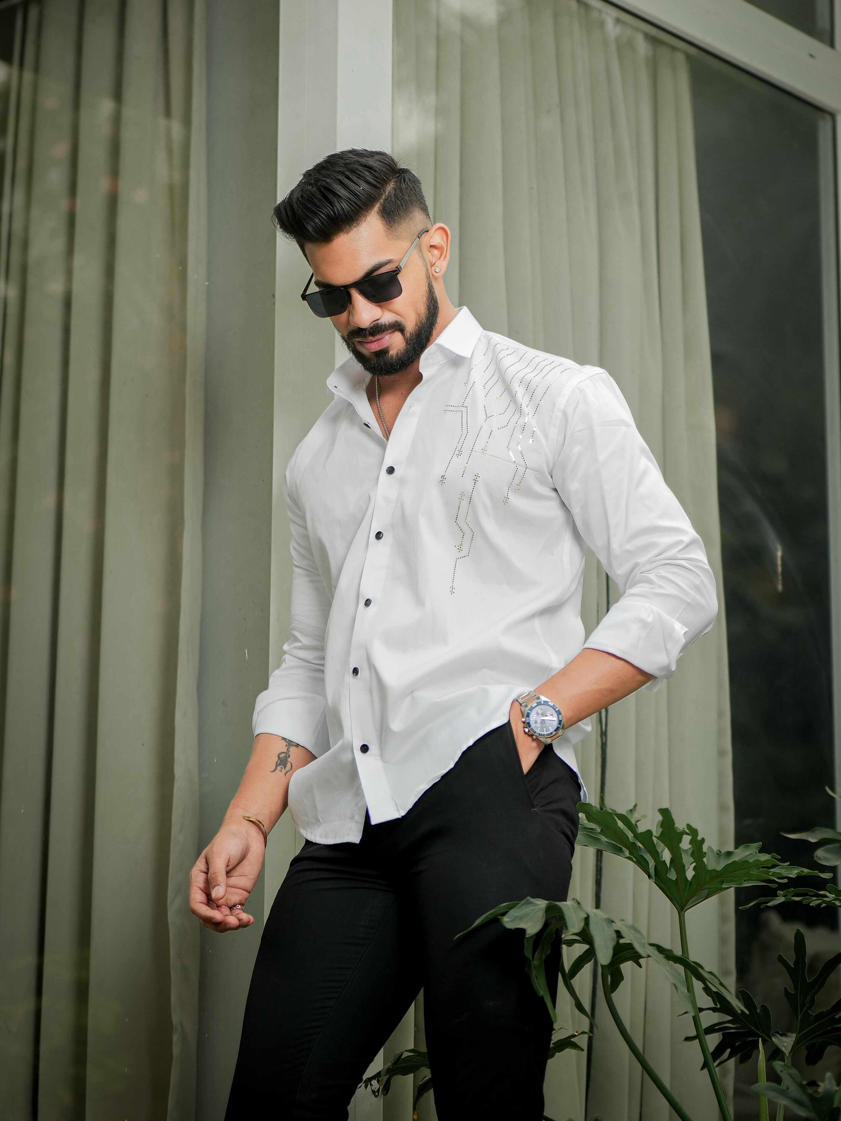White Club Wear Satin Cotton Party Shirt - Image 7
