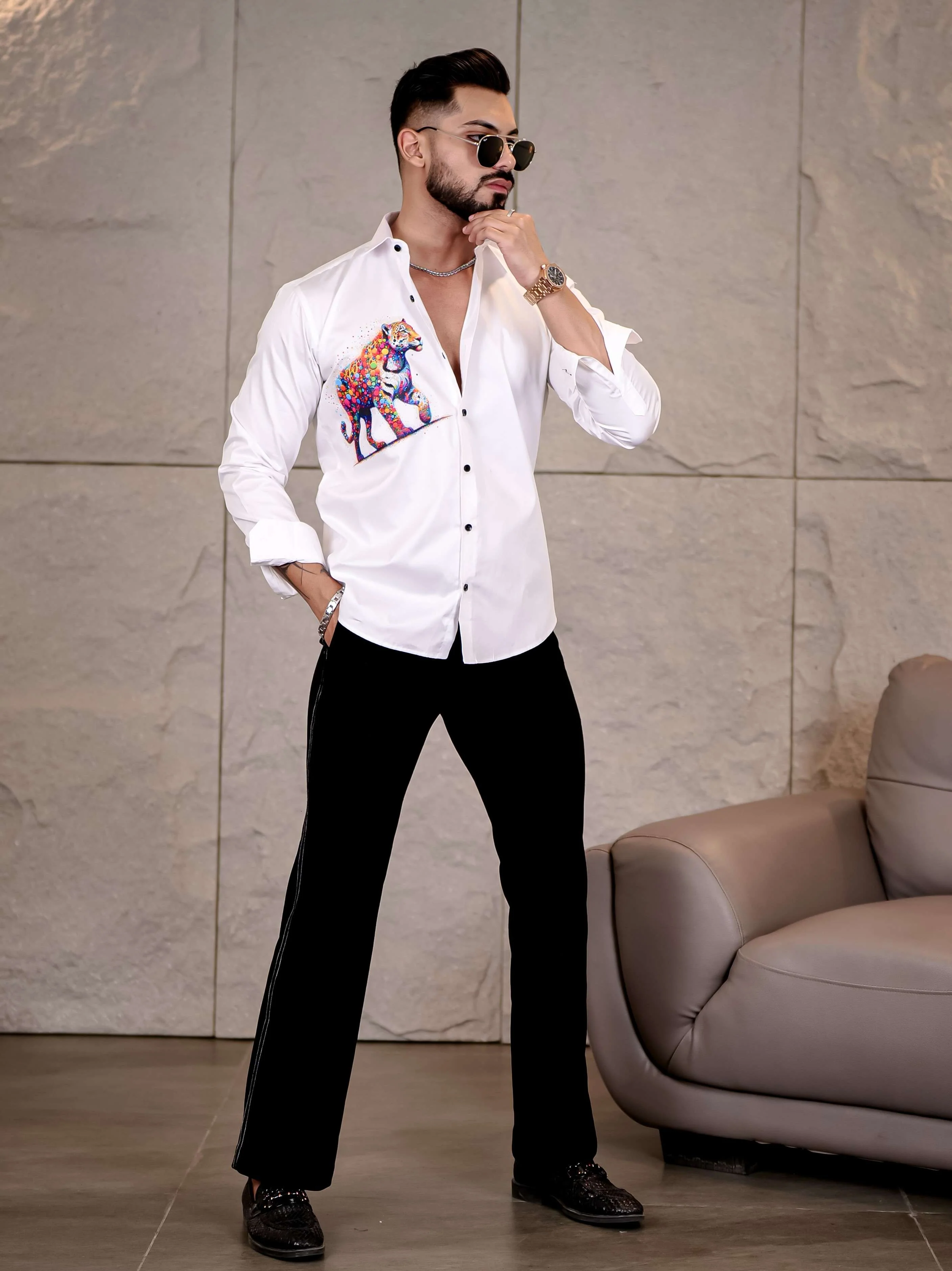 White Club Wear Tiger Printed Satin Cotton Shirt