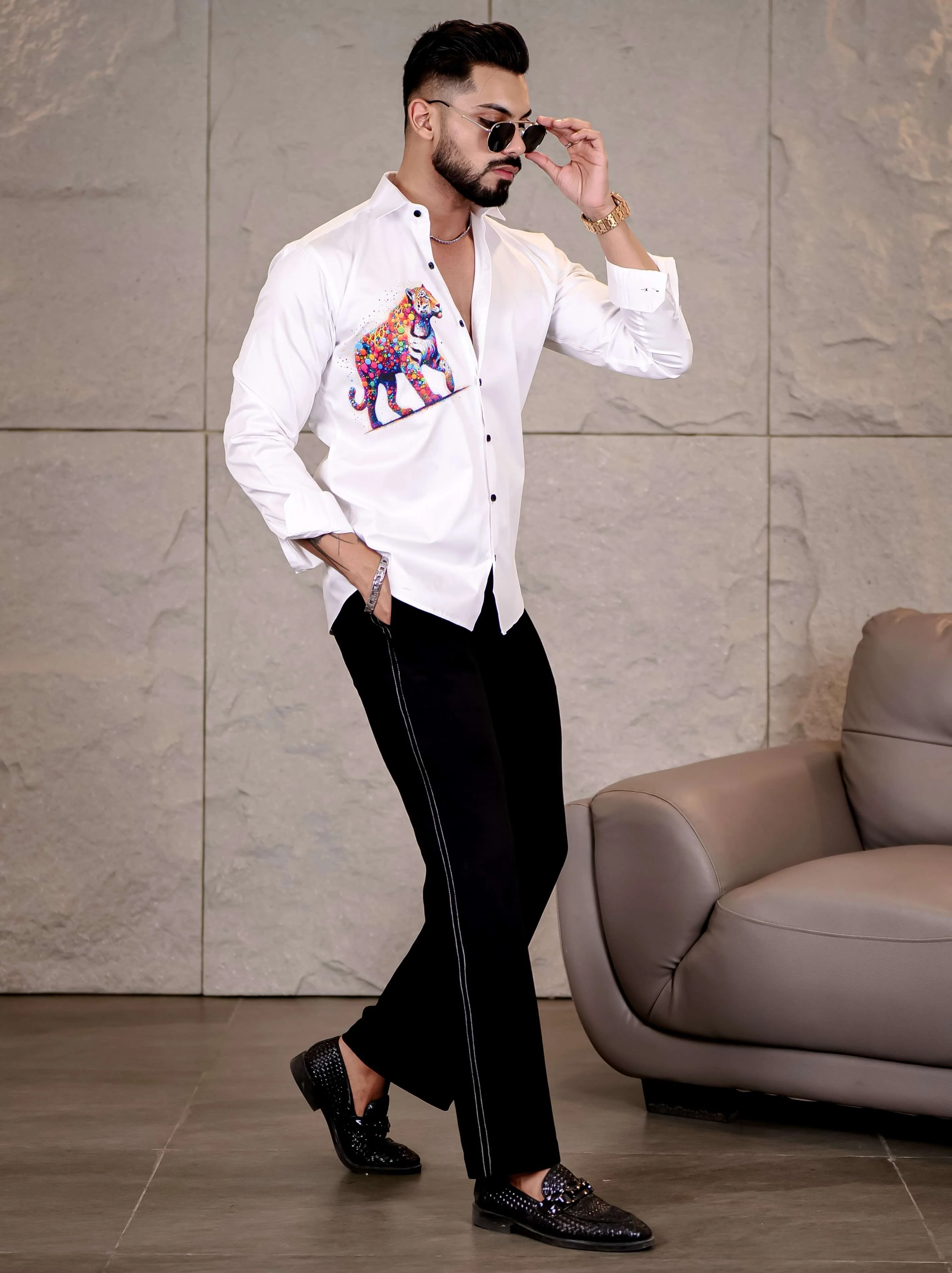 White Club Wear Tiger Printed Satin Cotton Shirt - Image 2