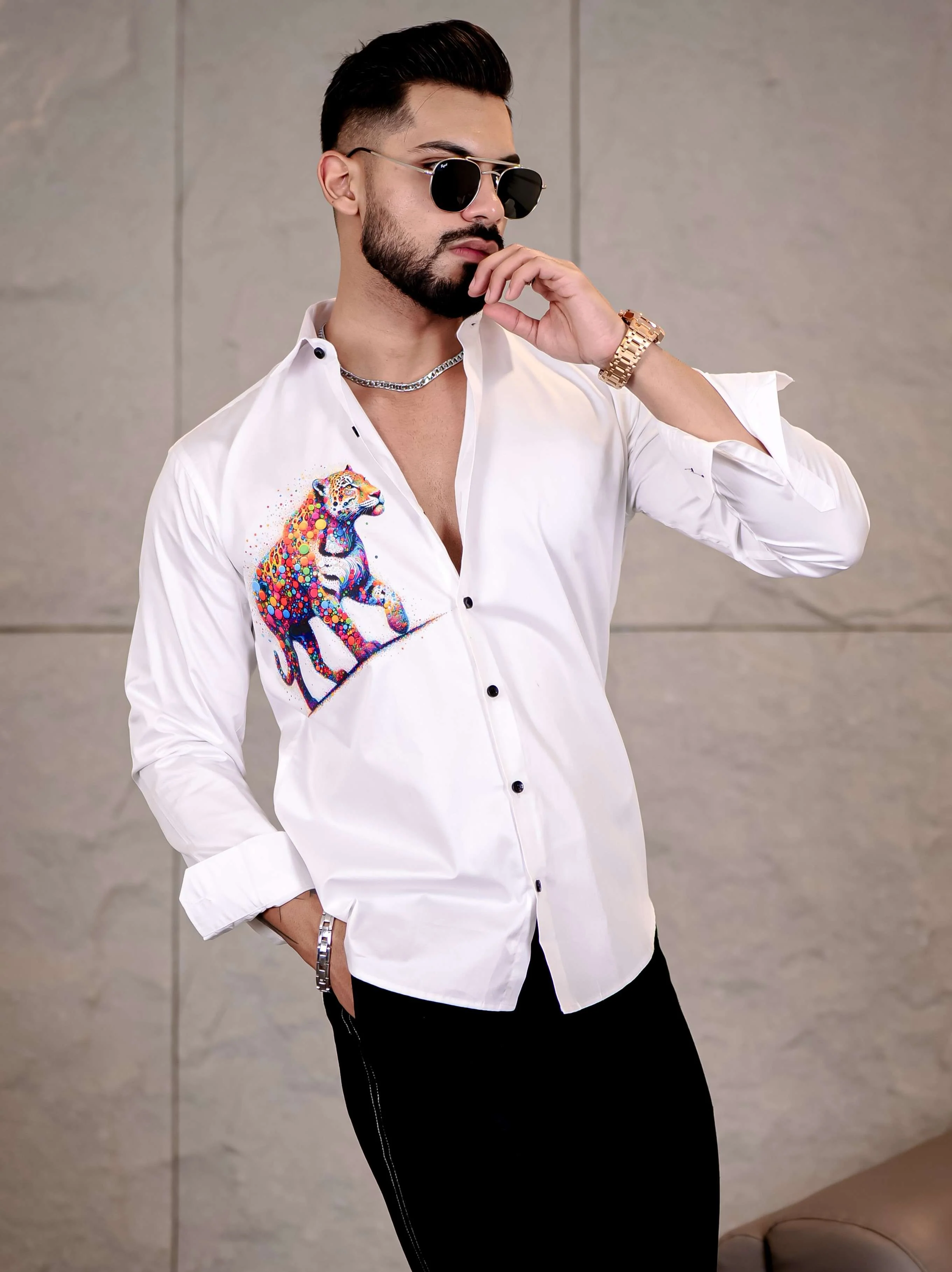 White Club Wear Tiger Printed Satin Cotton Shirt - Image 5