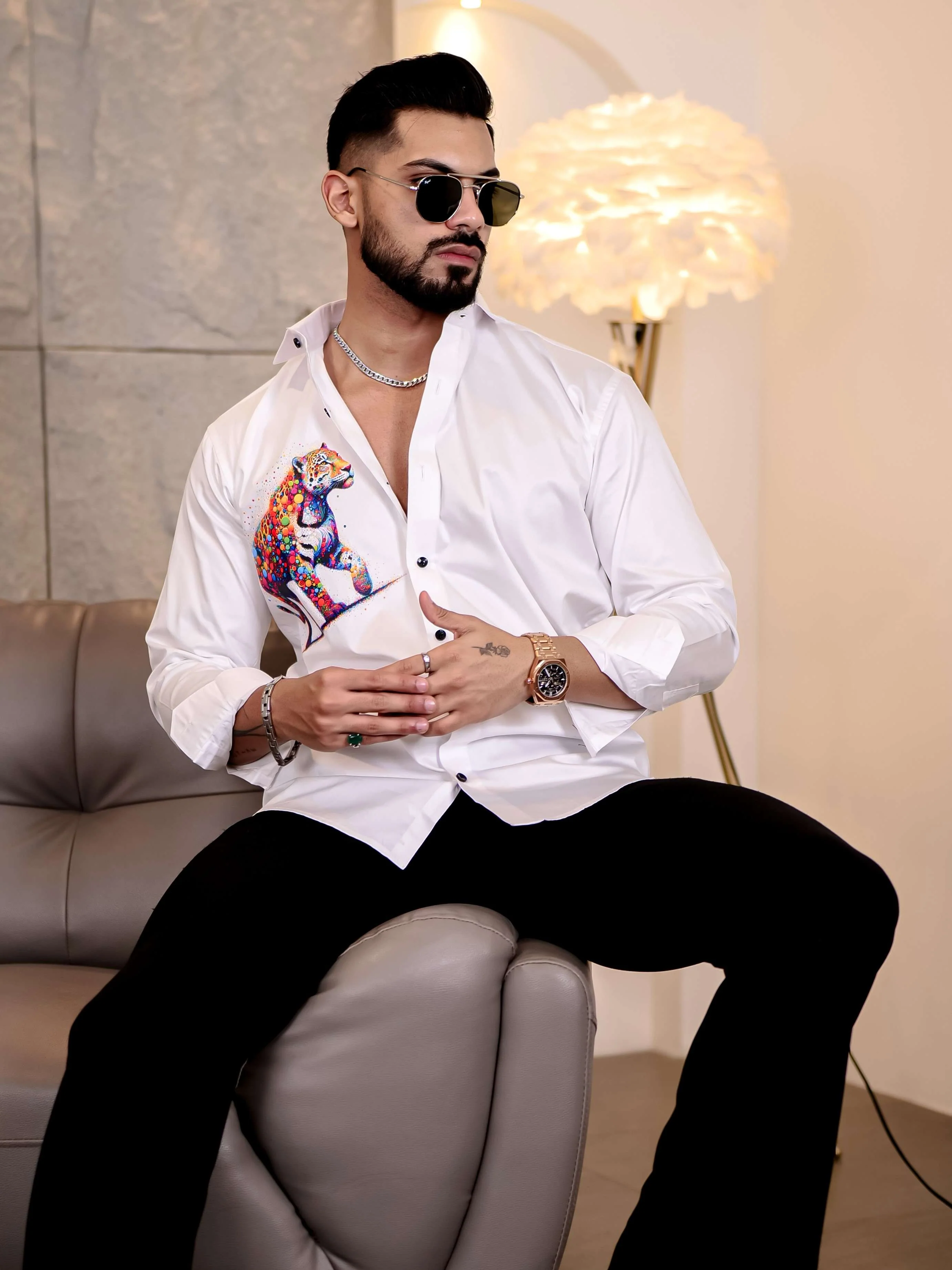 White Club Wear Tiger Printed Satin Cotton Shirt - Image 6