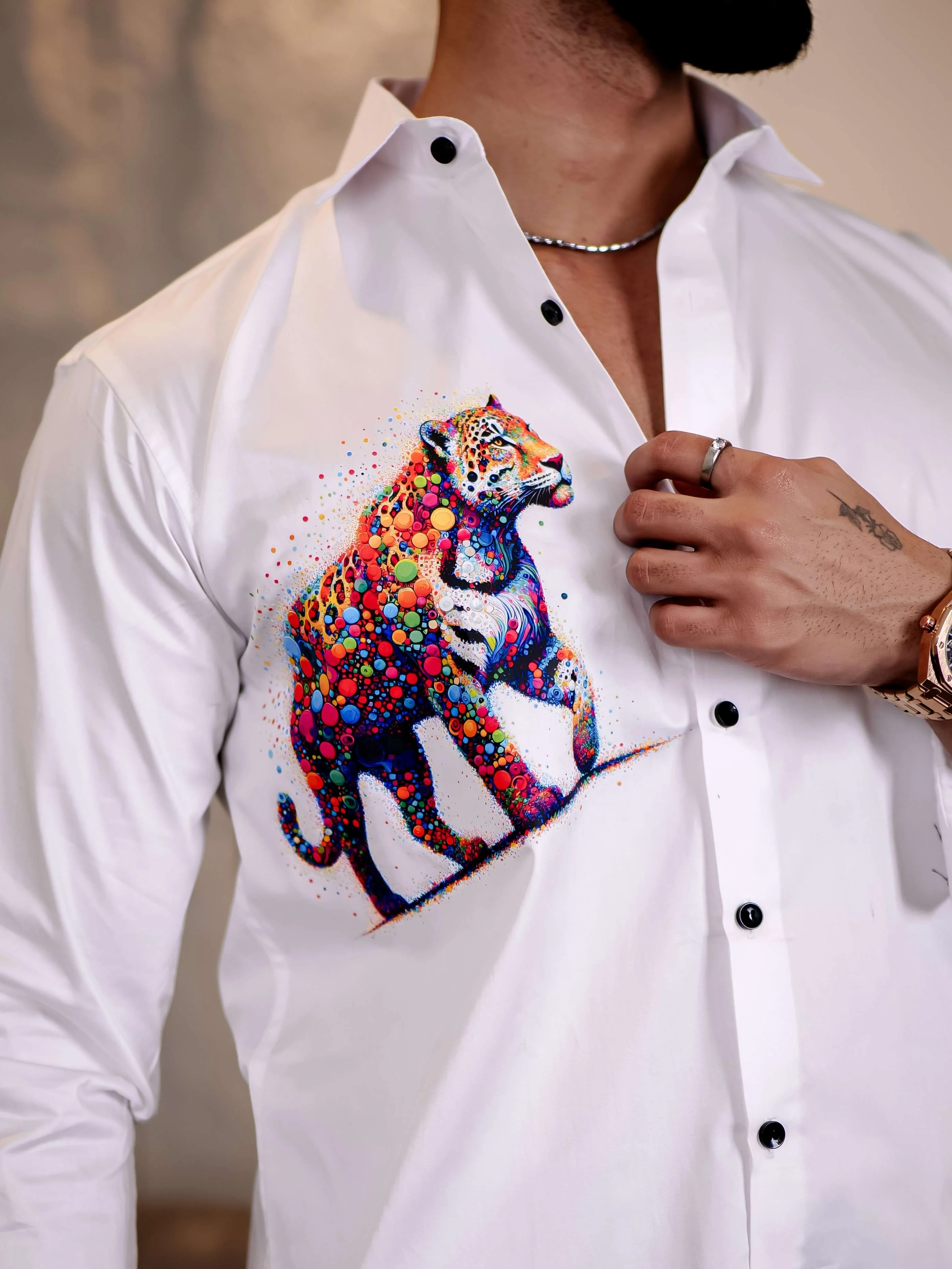 White Club Wear Tiger Printed Satin Cotton Shirt - Image 8