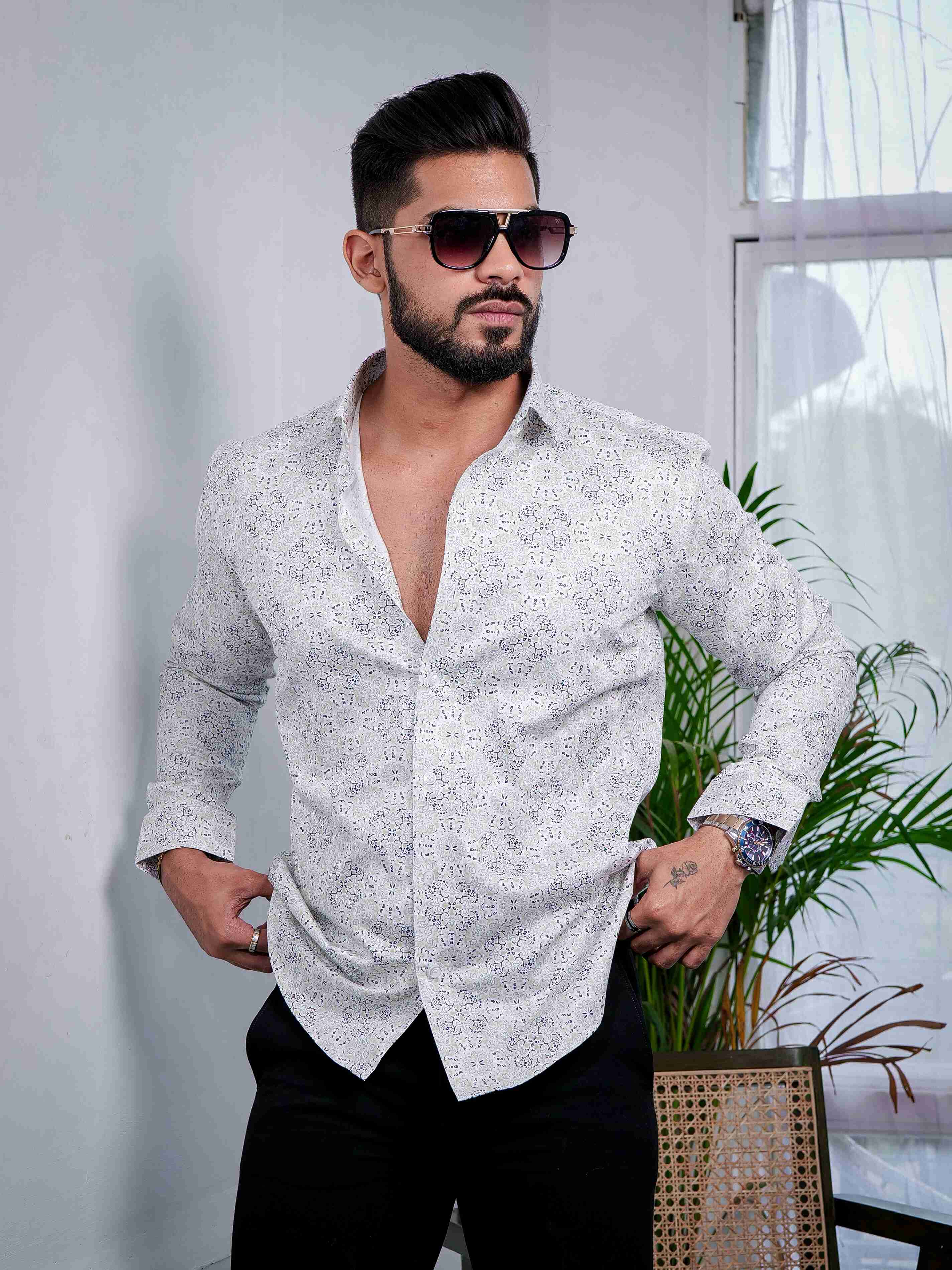 White Cotton Print Premium Shirt - Image 3