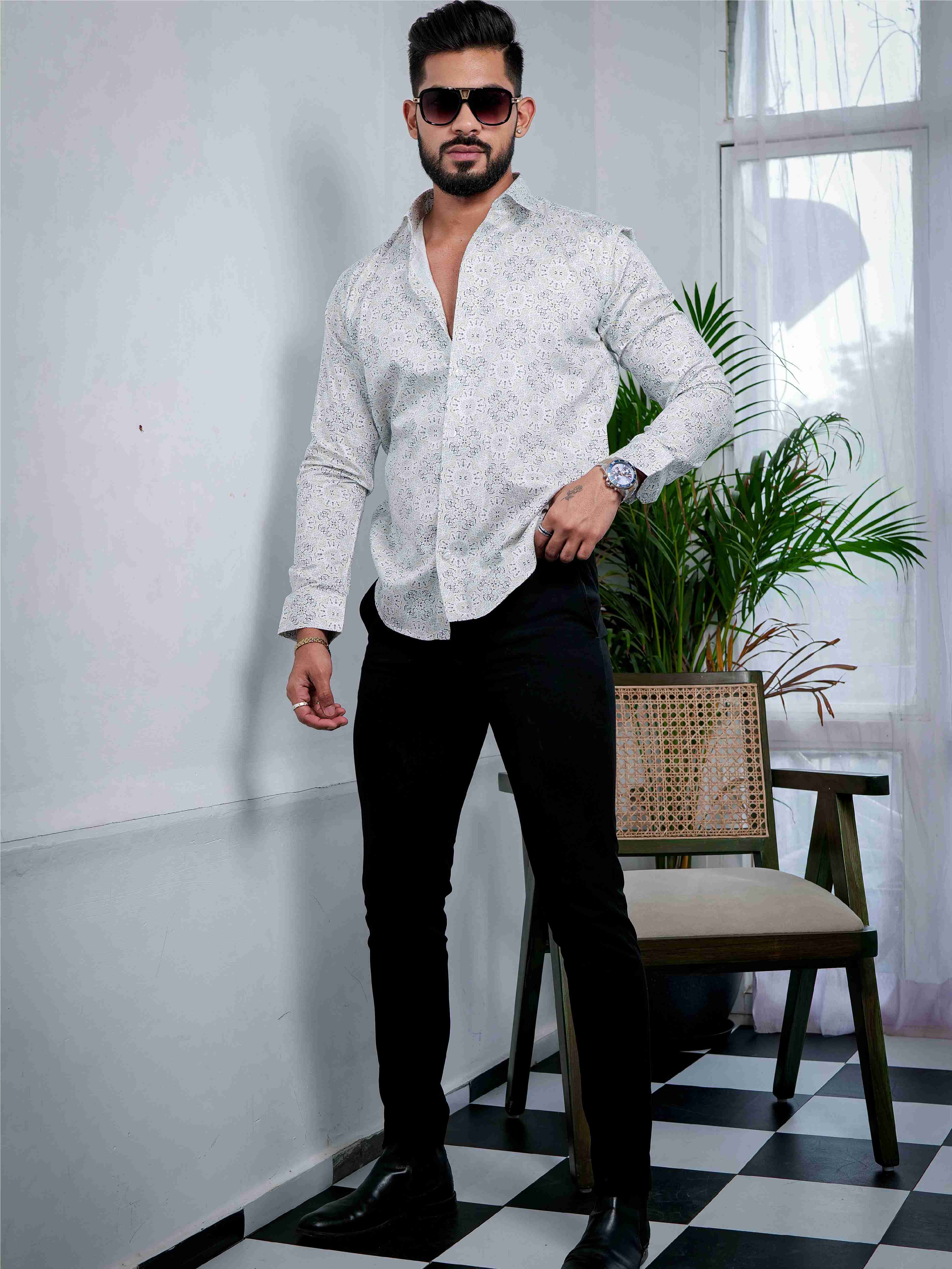 White Cotton Print Premium Shirt - Image 6