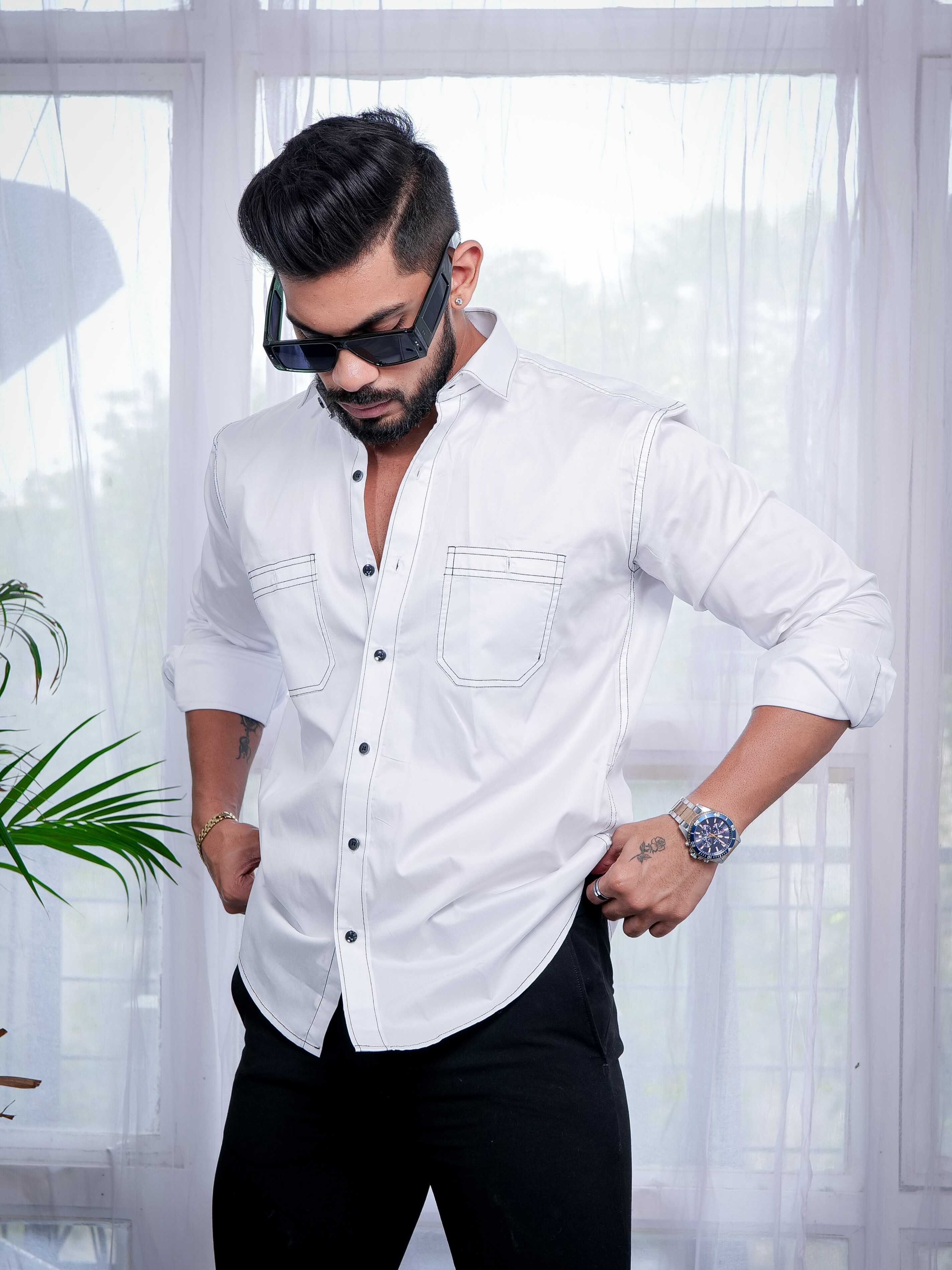 White Designer Giza Satin Cotton Shirt - Image 10