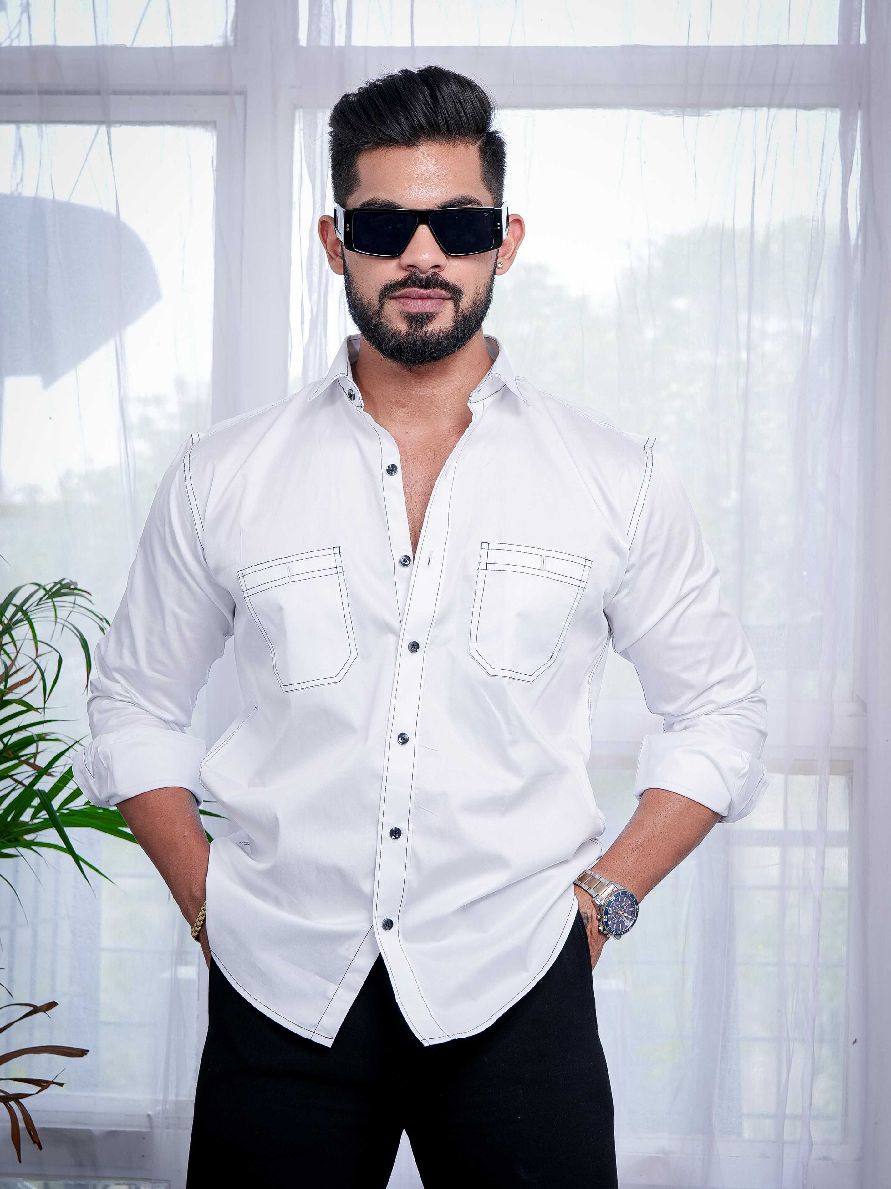 White Designer Giza Satin Cotton Shirt - Image 2
