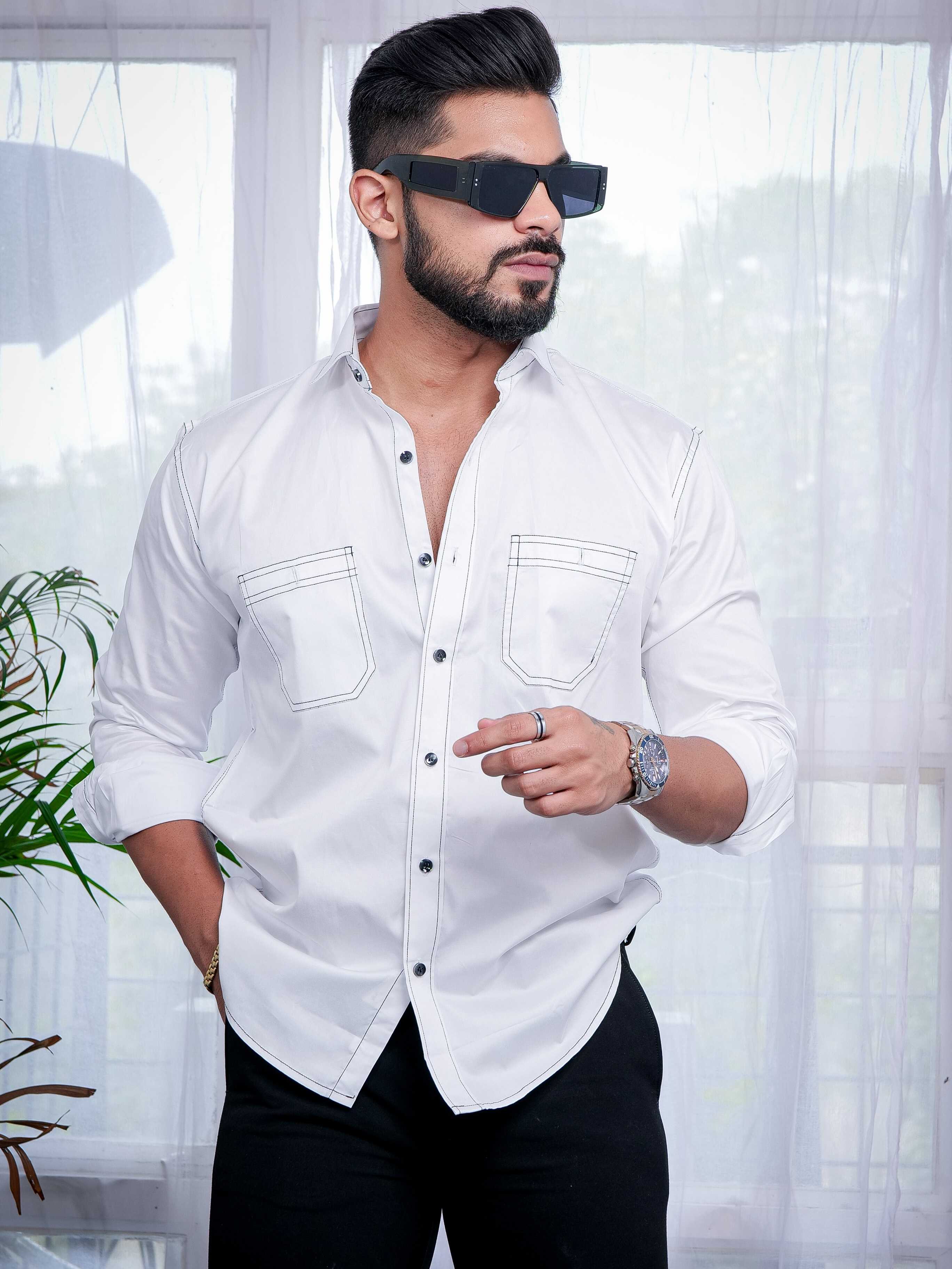 White Designer Giza Satin Cotton Shirt - Image 6