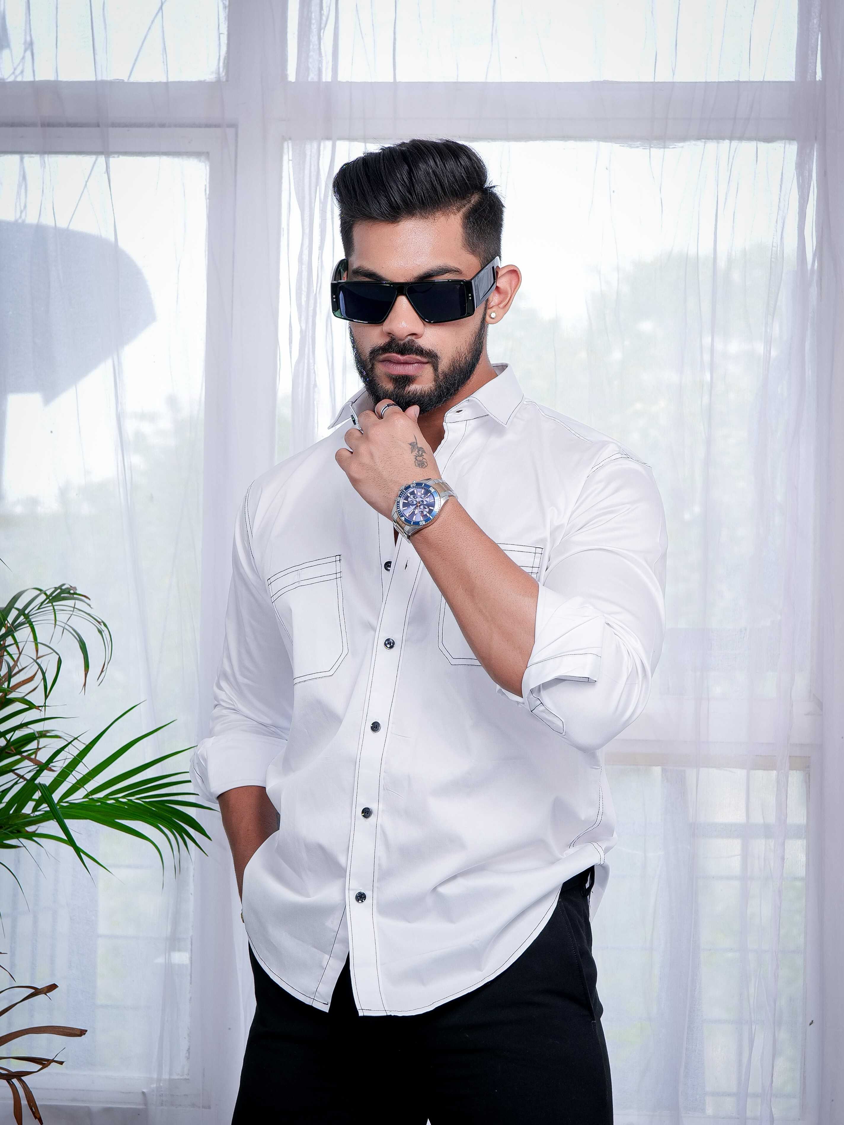 White Designer Giza Satin Cotton Shirt - Image 8