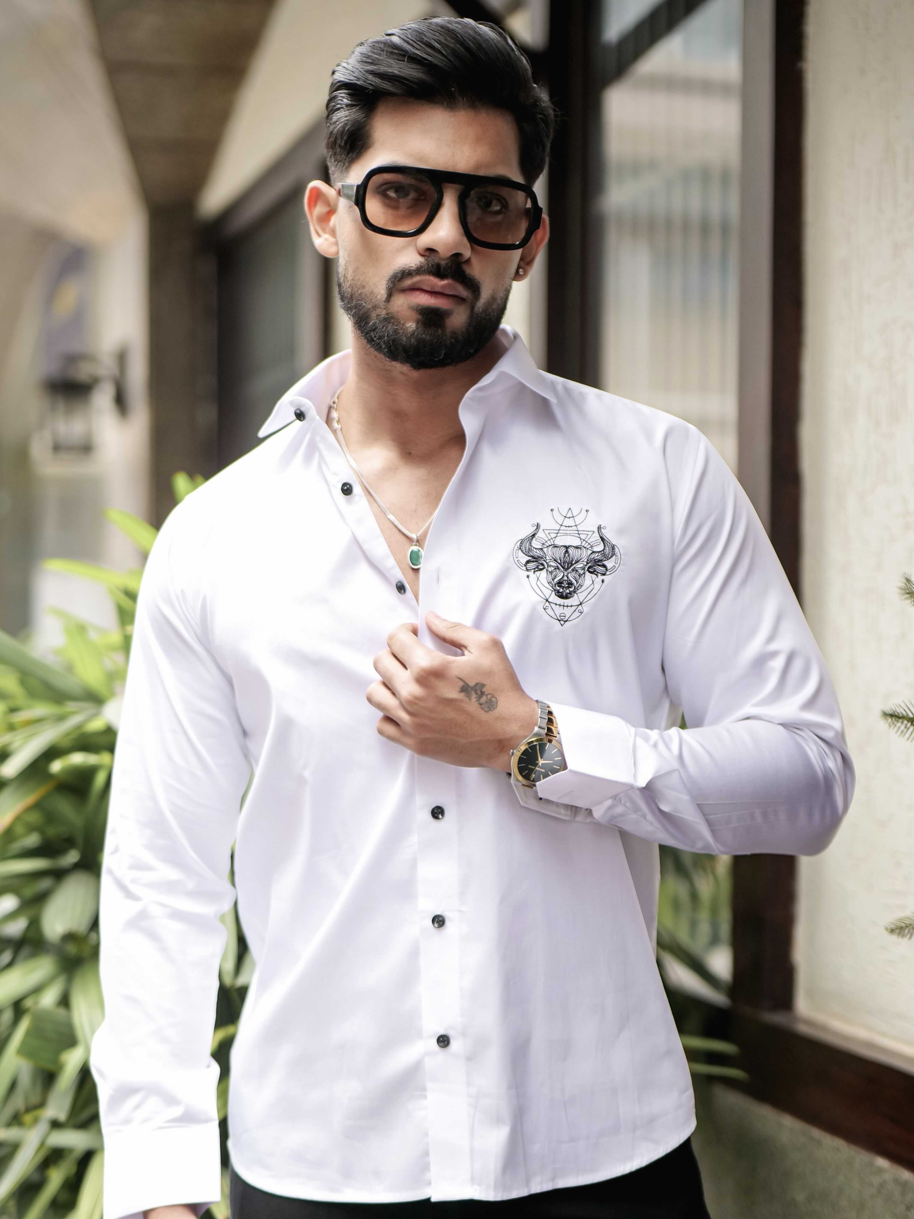 WHITE EMBROIDERED DESIGNER SATIN COTTON SHIRT FOR MEN'S