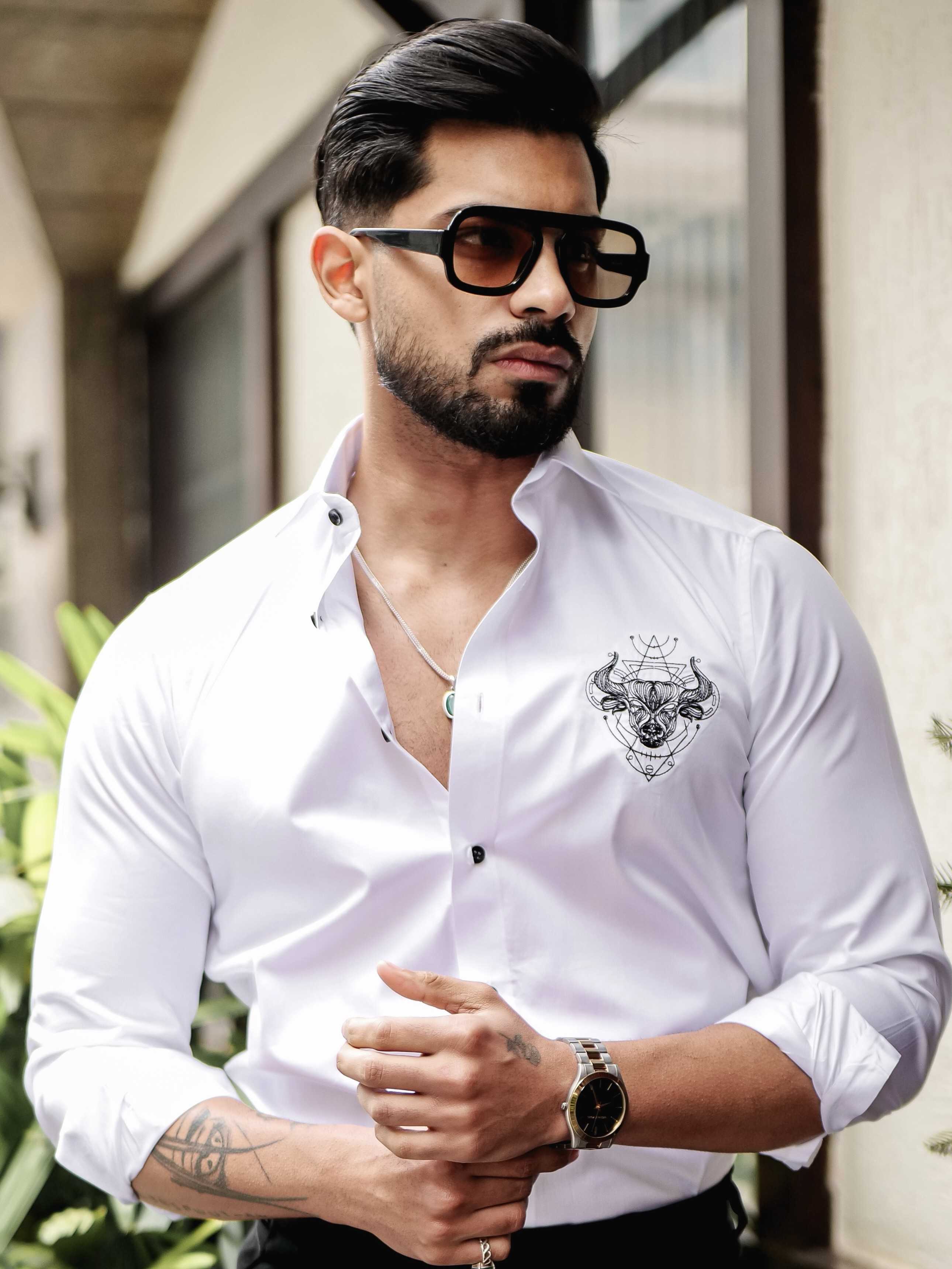 WHITE EMBROIDERED DESIGNER SATIN COTTON SHIRT FOR MEN'S - Image 10