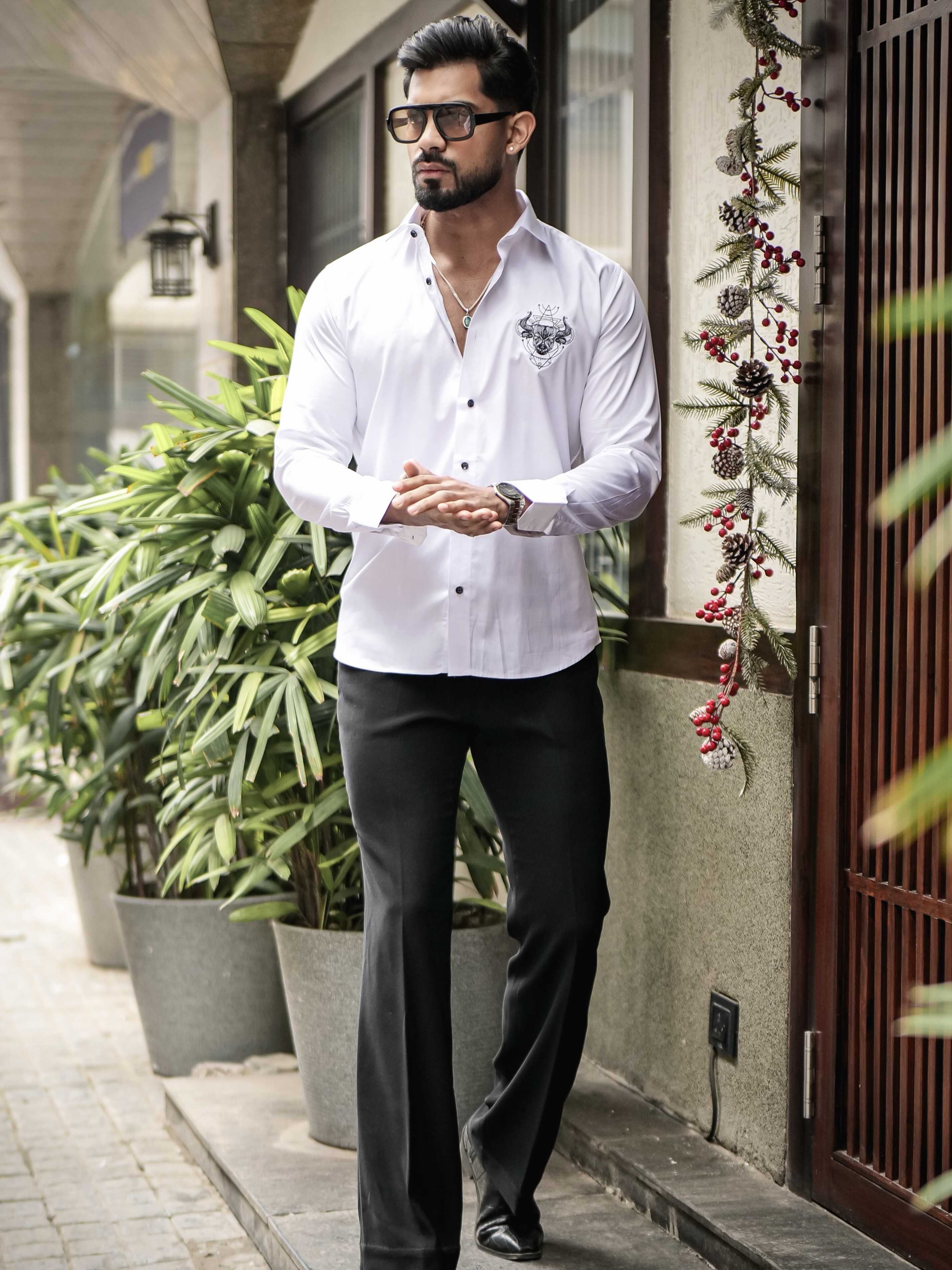 WHITE EMBROIDERED DESIGNER SATIN COTTON SHIRT FOR MEN'S - Image 5