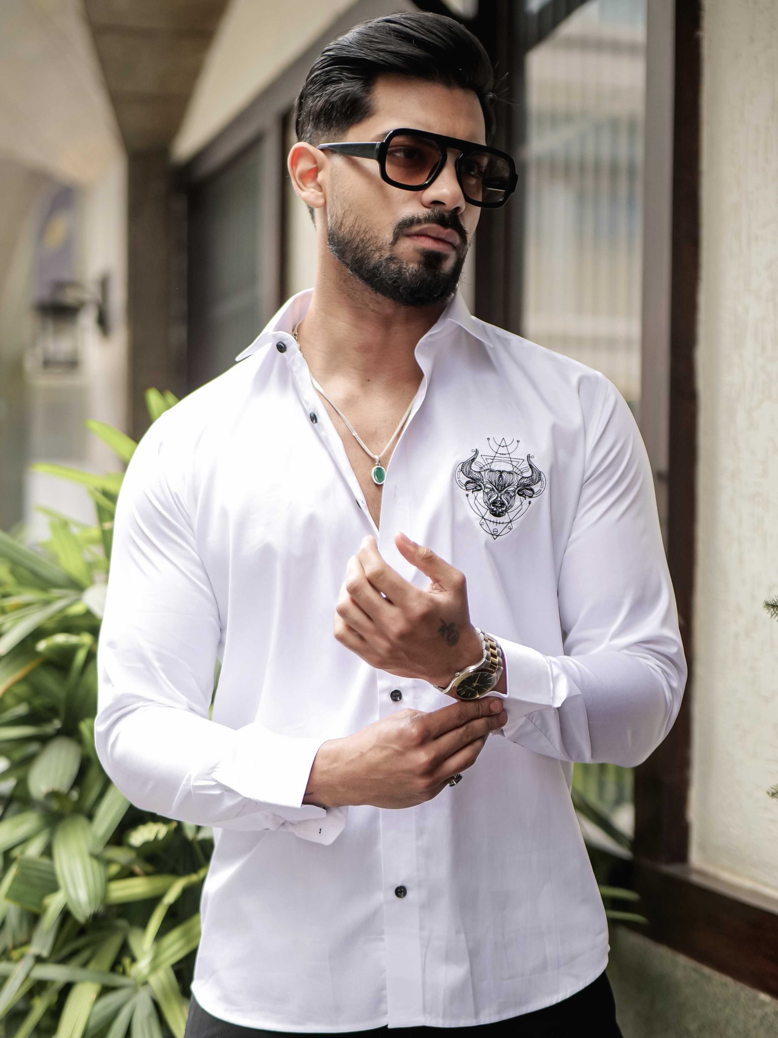 WHITE EMBROIDERED DESIGNER SATIN COTTON SHIRT FOR MEN'S - Image 6