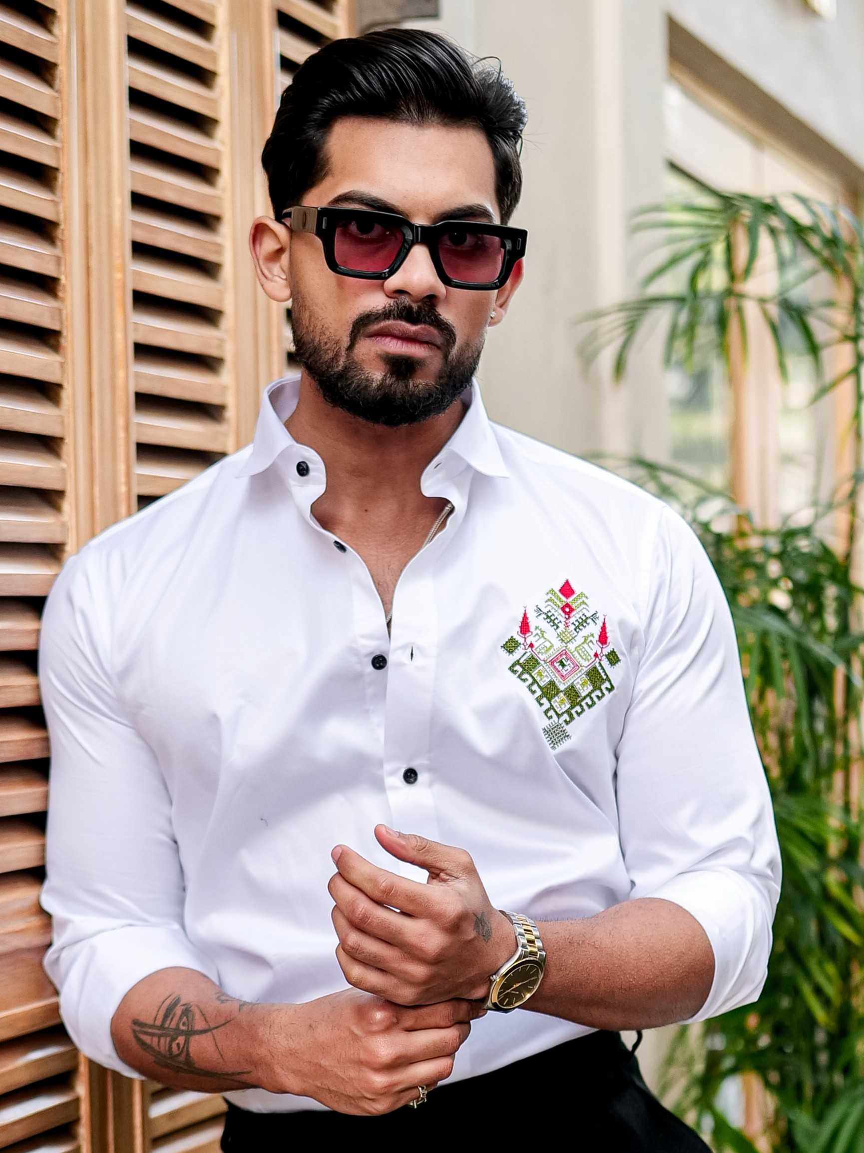 WHITE EMBROIDERED DESIGNER SATIN COTTON SHIRT FOR MEN'S