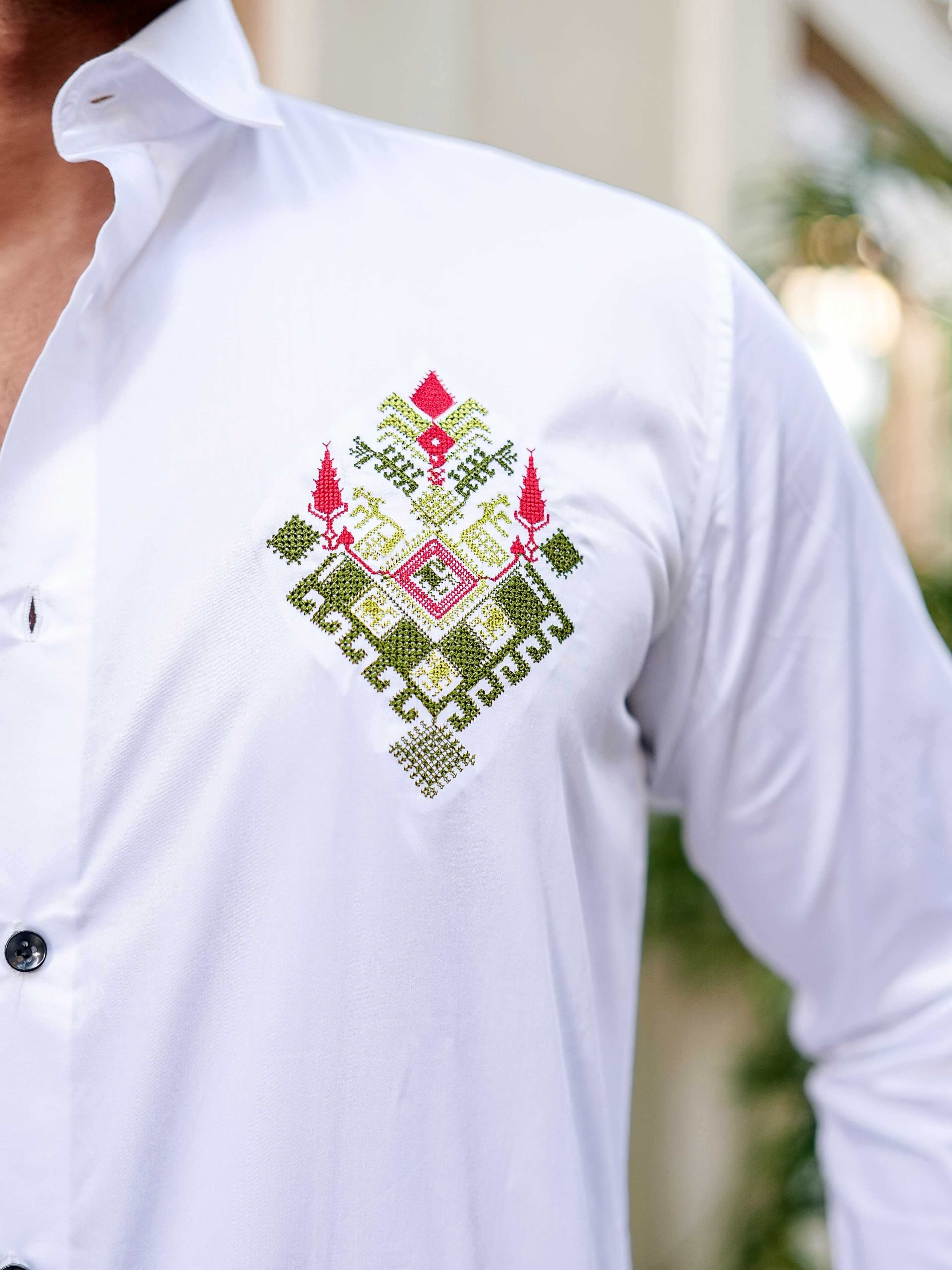 WHITE EMBROIDERED DESIGNER SATIN COTTON SHIRT FOR MEN'S - Image 2