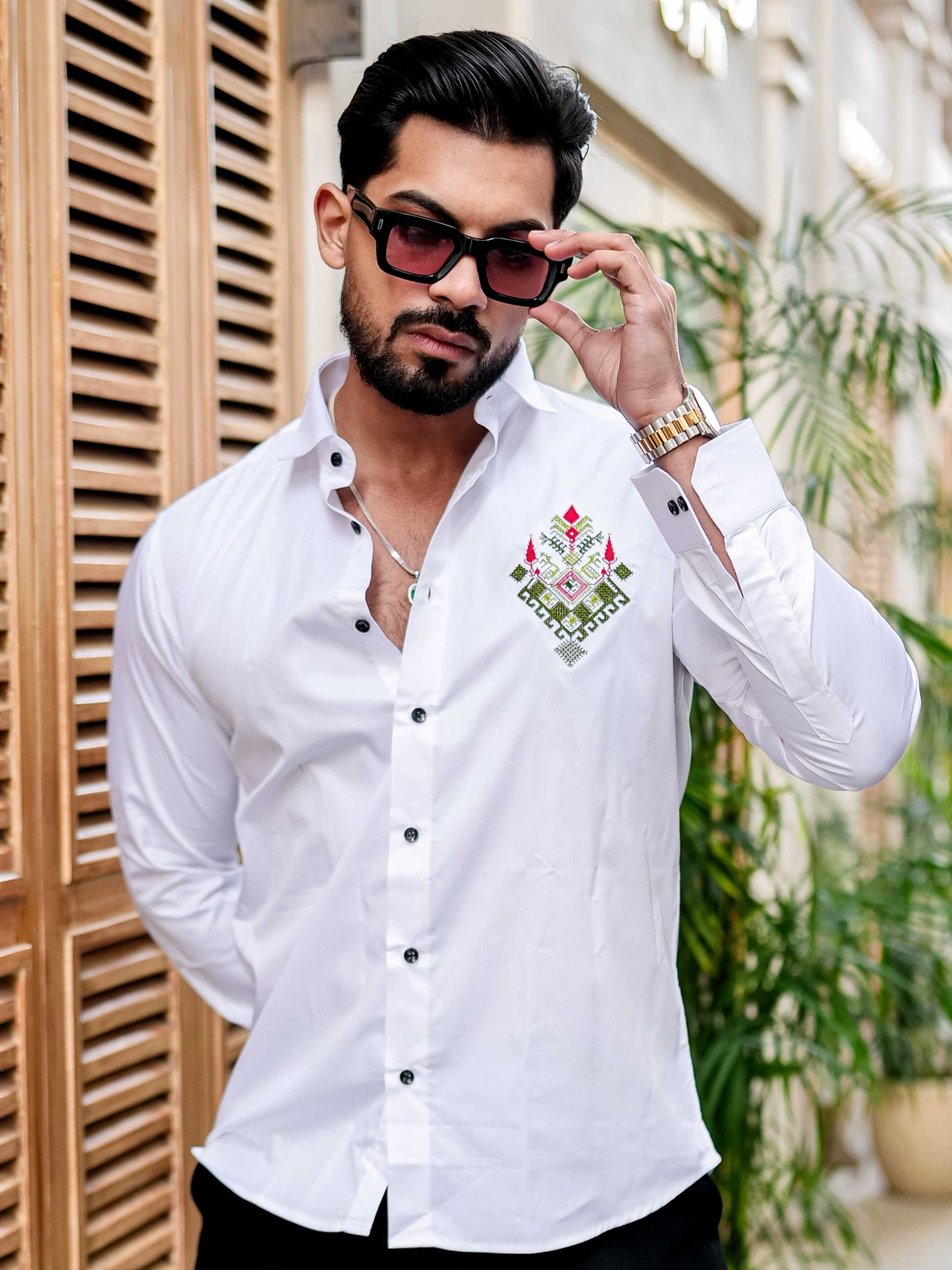 WHITE EMBROIDERED DESIGNER SATIN COTTON SHIRT FOR MEN'S - Image 3