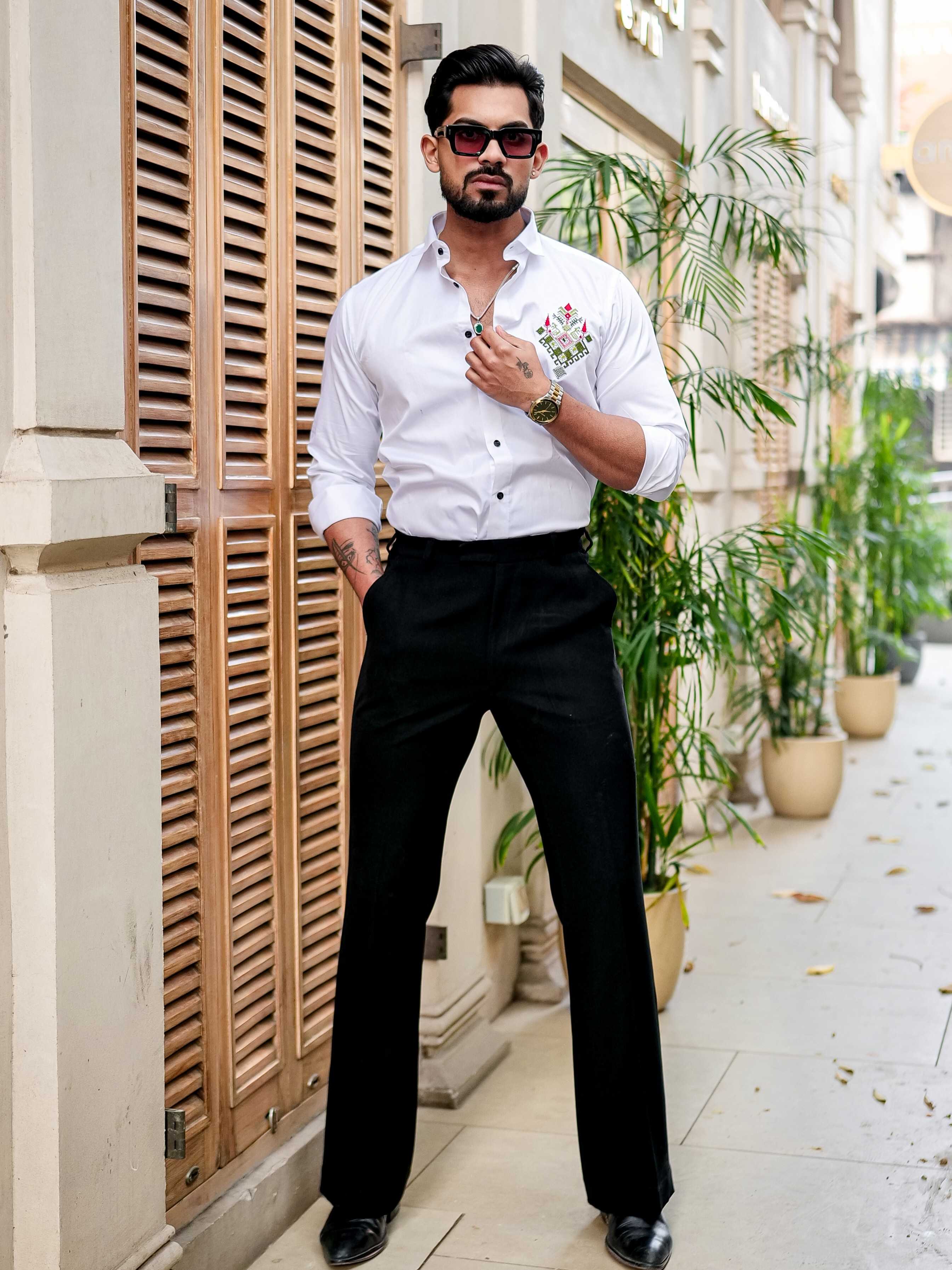 WHITE EMBROIDERED DESIGNER SATIN COTTON SHIRT FOR MEN'S - Image 4