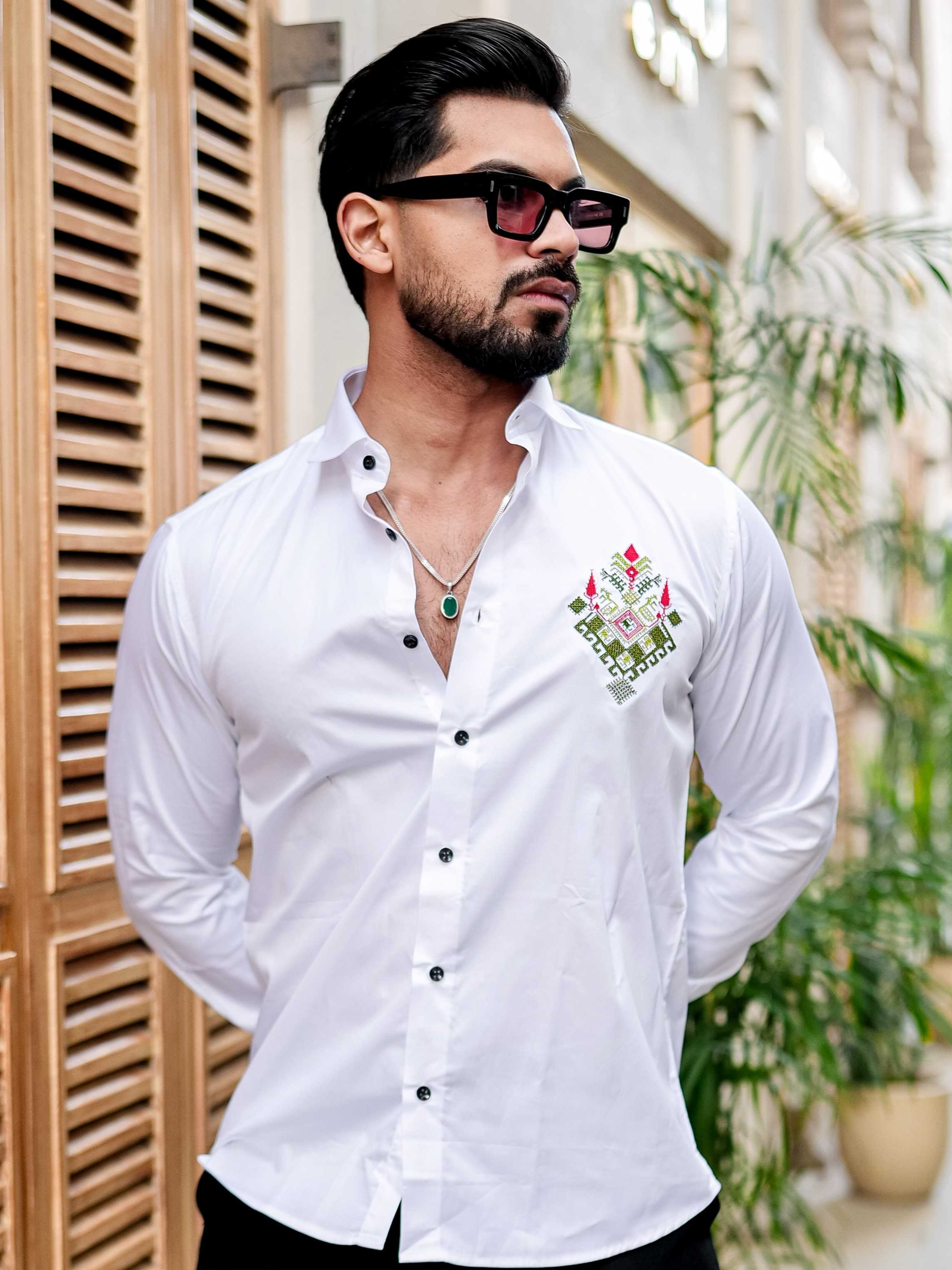 WHITE EMBROIDERED DESIGNER SATIN COTTON SHIRT FOR MEN'S - Image 6