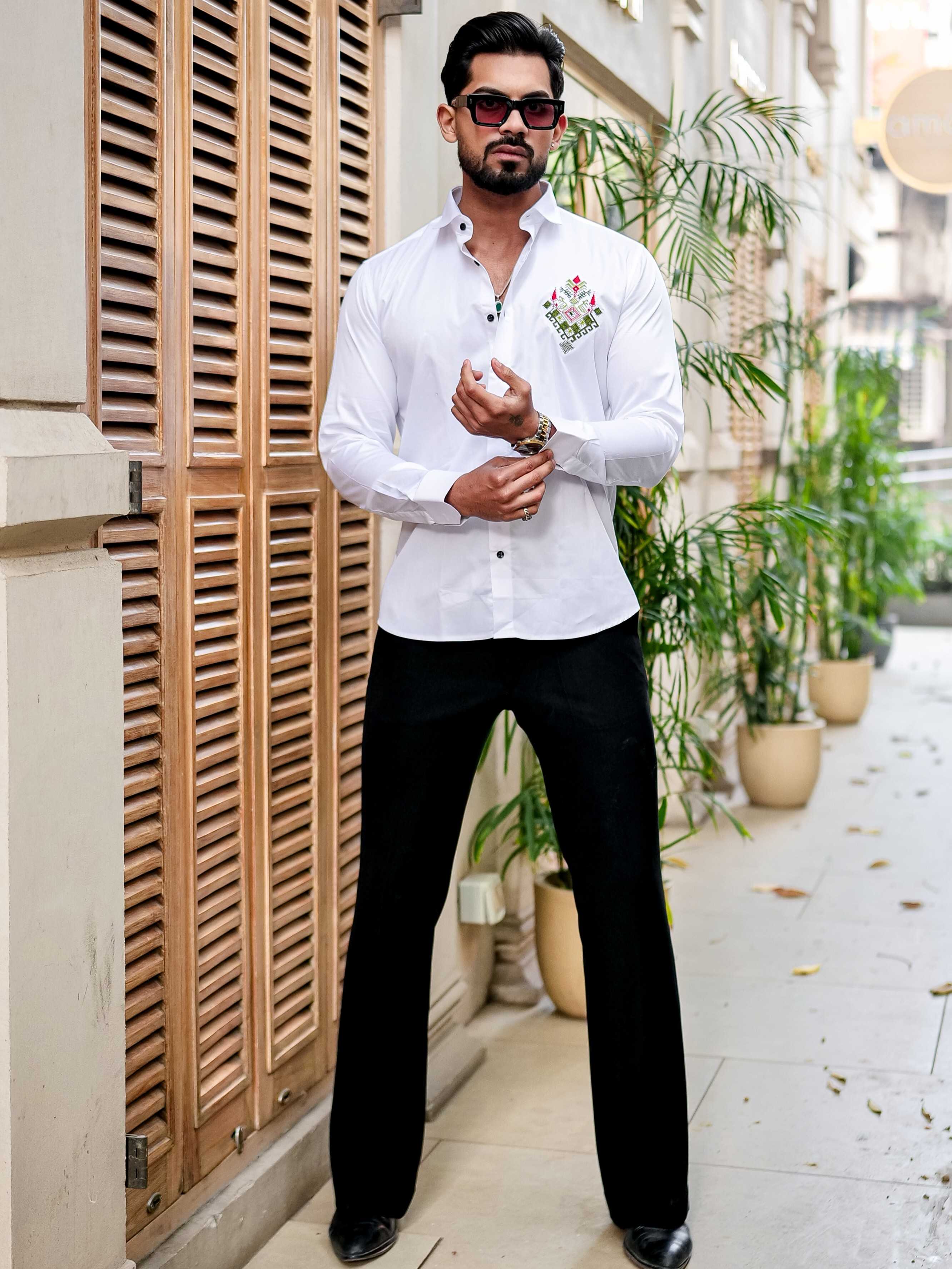 WHITE EMBROIDERED DESIGNER SATIN COTTON SHIRT FOR MEN'S - Image 7