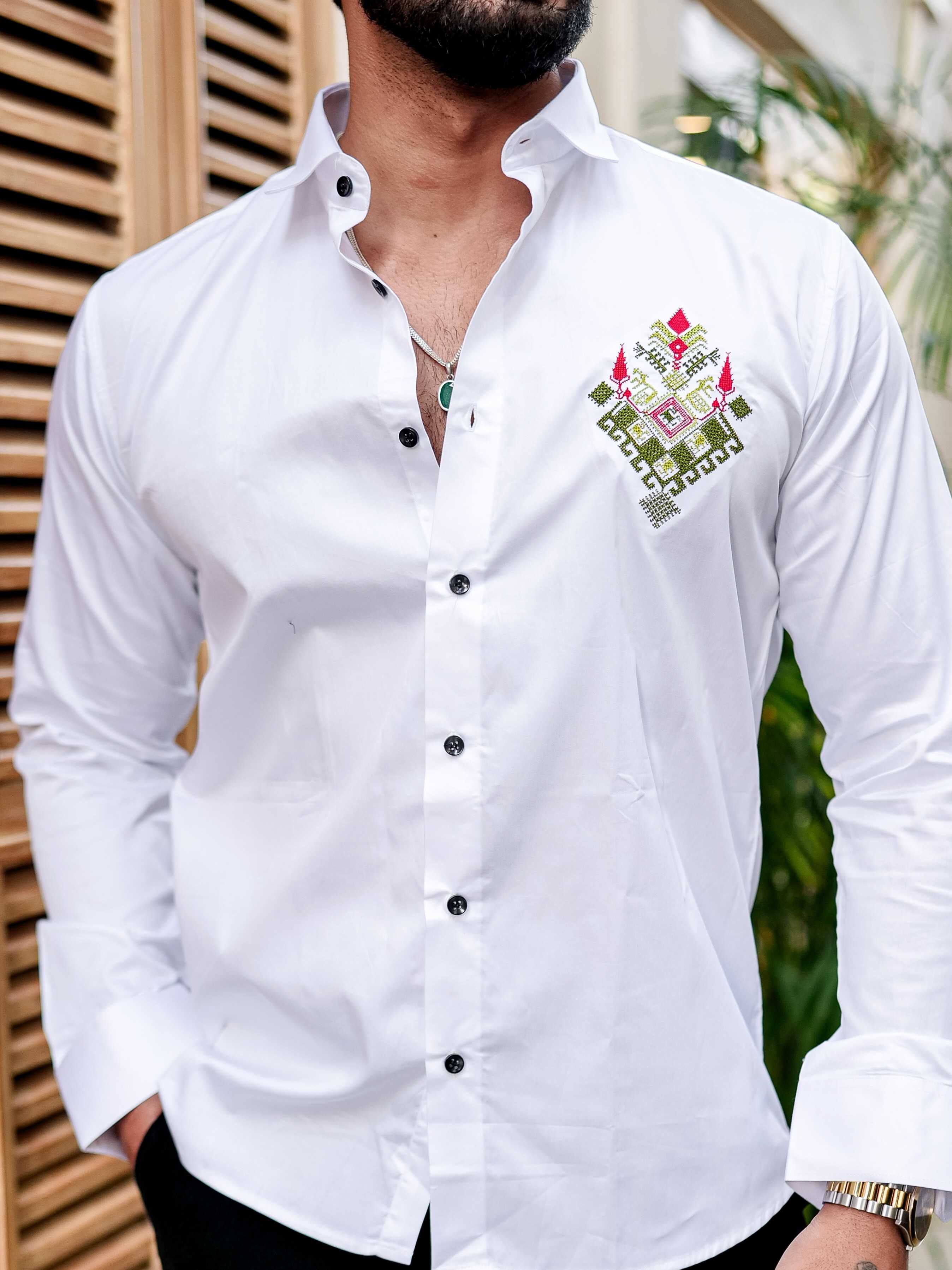 WHITE EMBROIDERED DESIGNER SATIN COTTON SHIRT FOR MEN'S - Image 8
