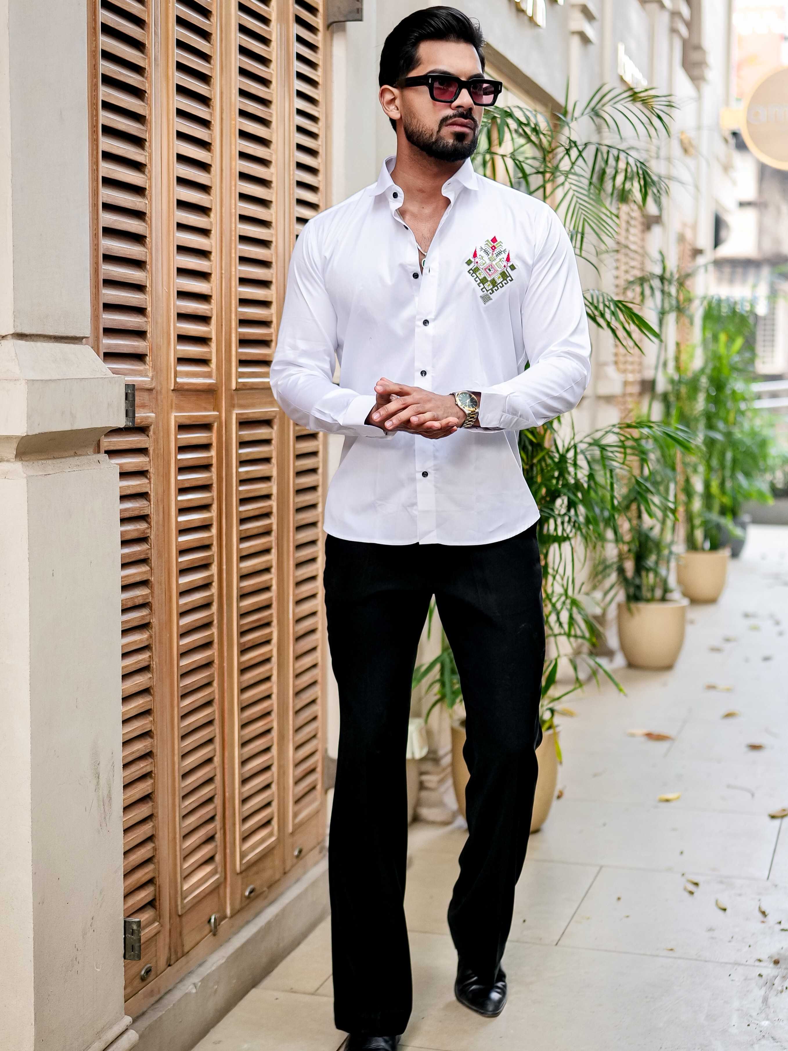 WHITE EMBROIDERED DESIGNER SATIN COTTON SHIRT FOR MEN'S - Image 9