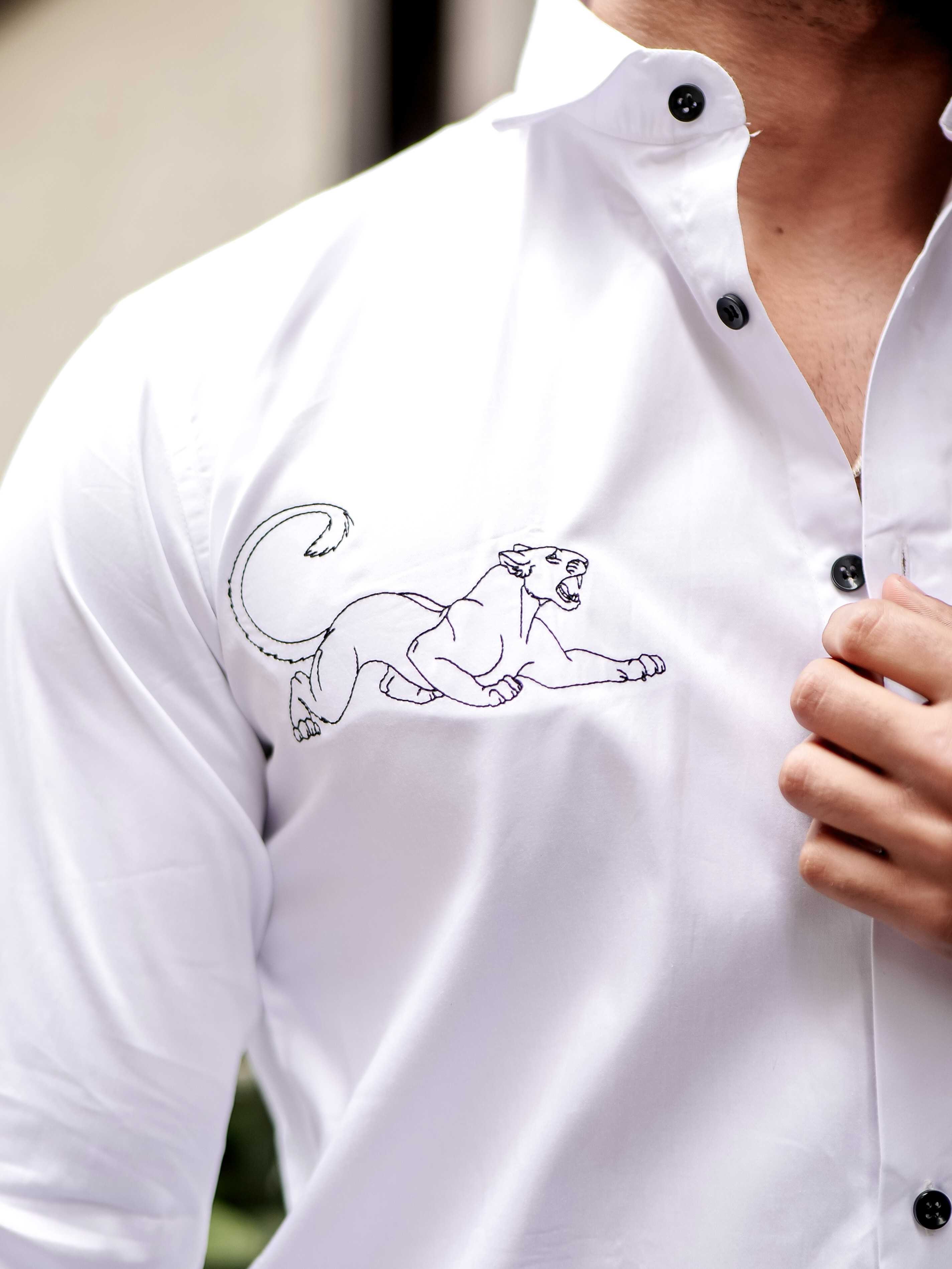 WHITE EMBROIDERED DESIGNER SATIN COTTON SHIRT FOR MEN'S - Image 2