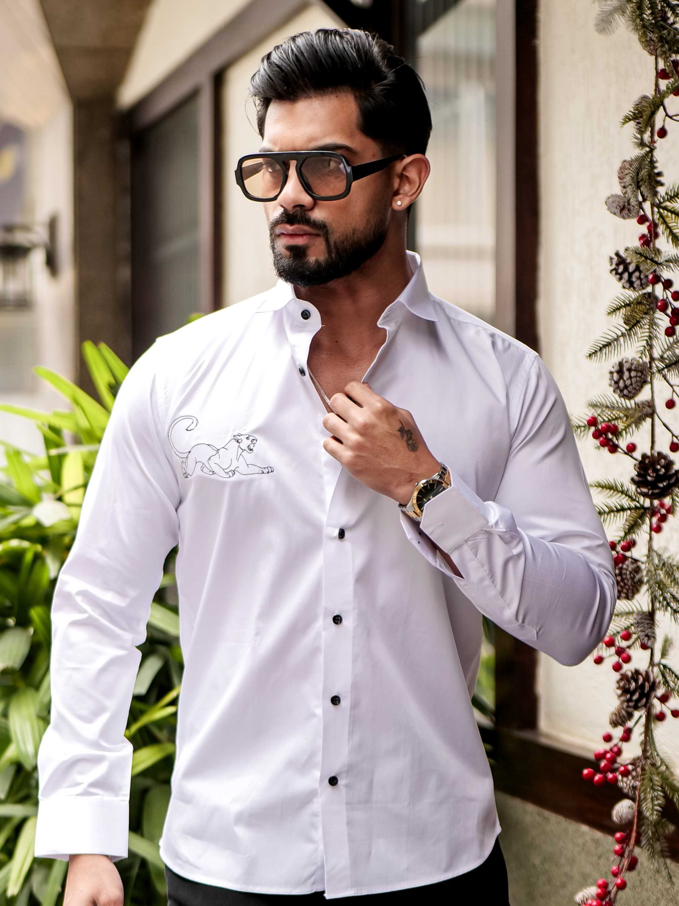 WHITE EMBROIDERED DESIGNER SATIN COTTON SHIRT FOR MEN'S - Image 7