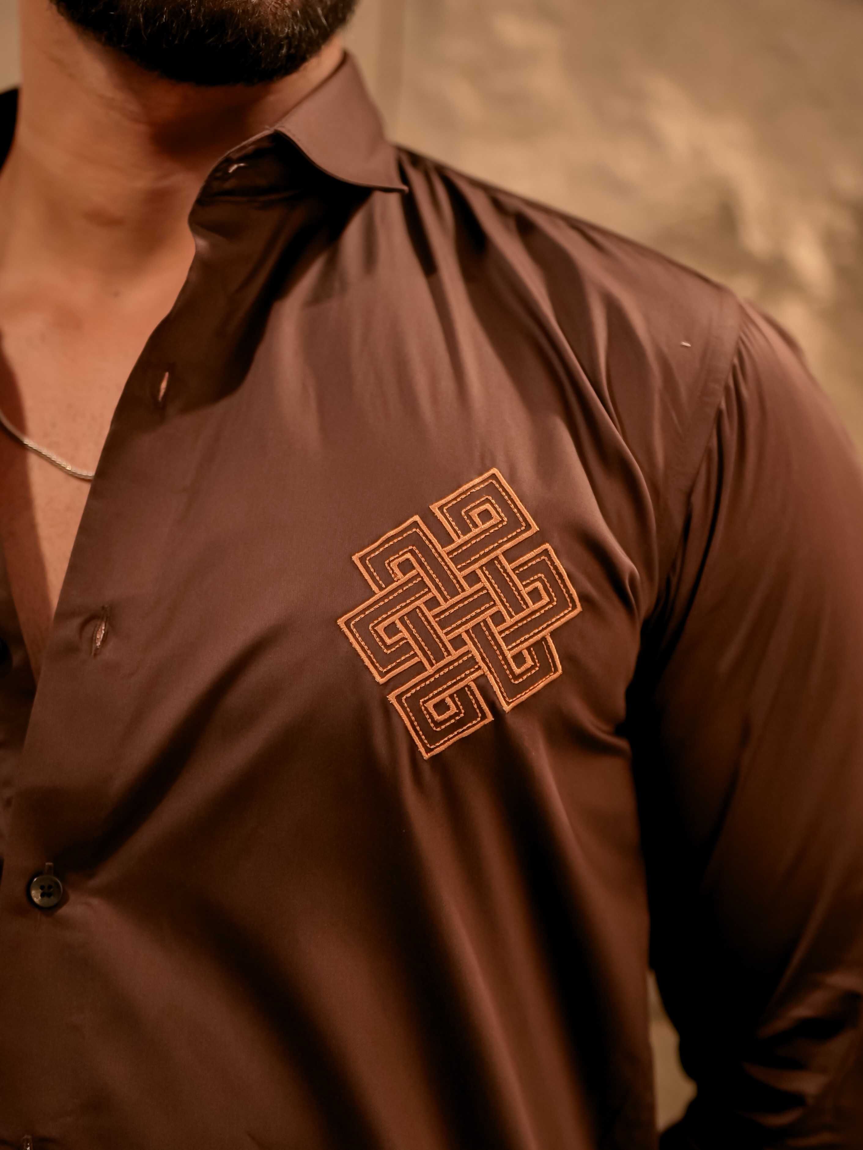 Aesthetic Brown Golden Embroidered Premium Cotton Shirt For Men - Image 2