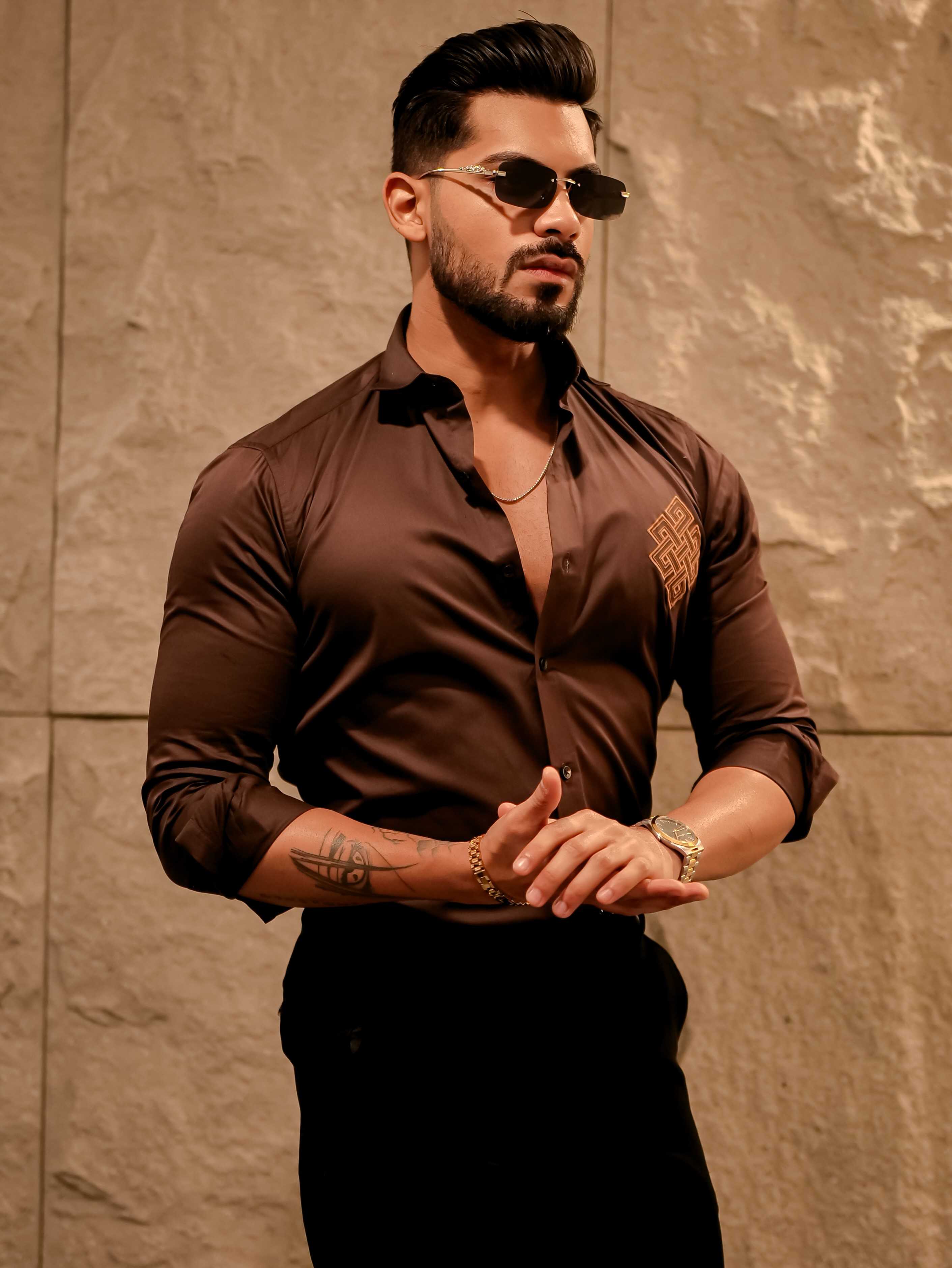 Aesthetic Brown Golden Embroidered Premium Cotton Shirt For Men - Image 3