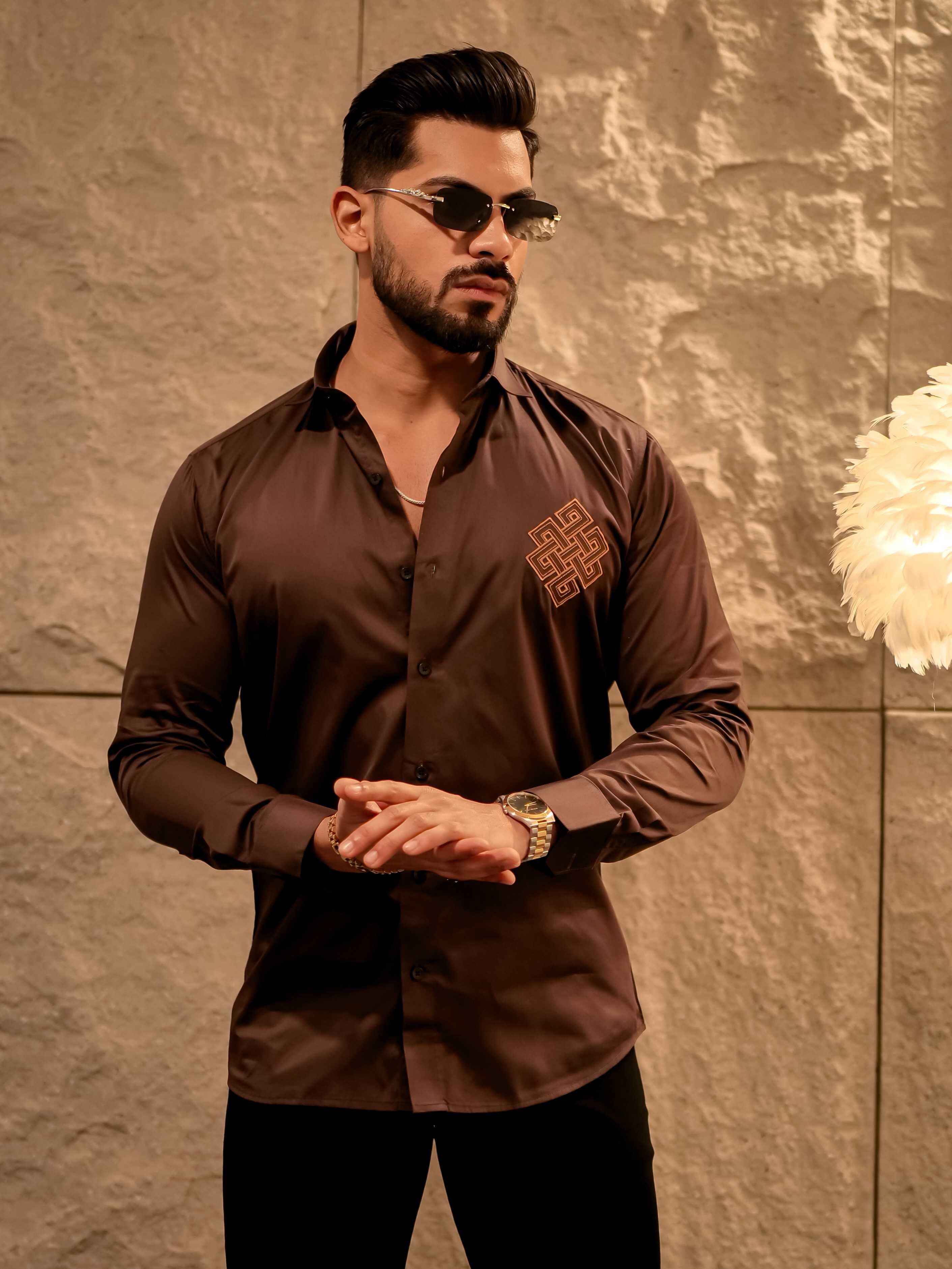 Aesthetic Brown Golden Embroidered Premium Cotton Shirt For Men - Image 4