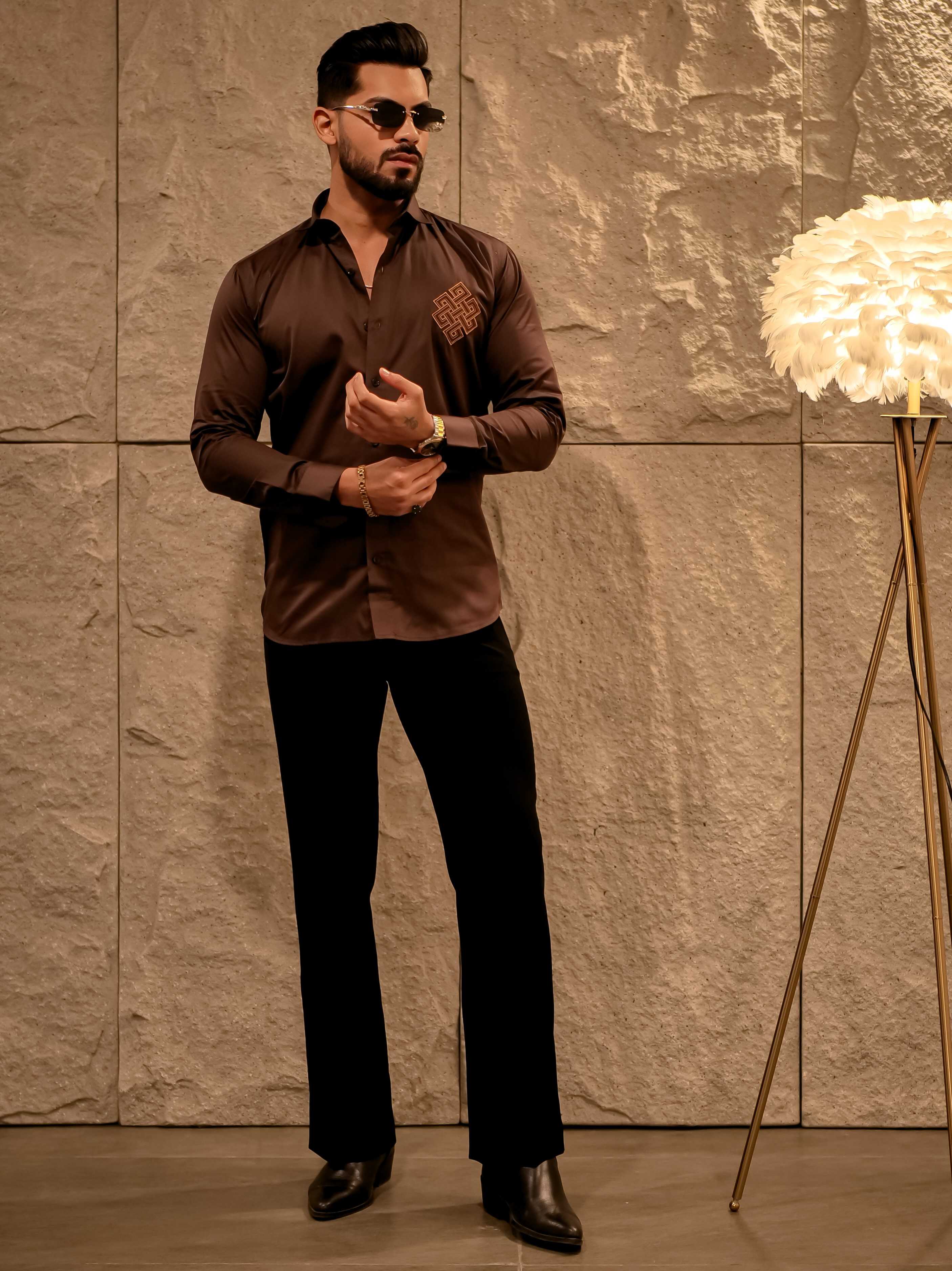 Aesthetic Brown Golden Embroidered Premium Cotton Shirt For Men - Image 5