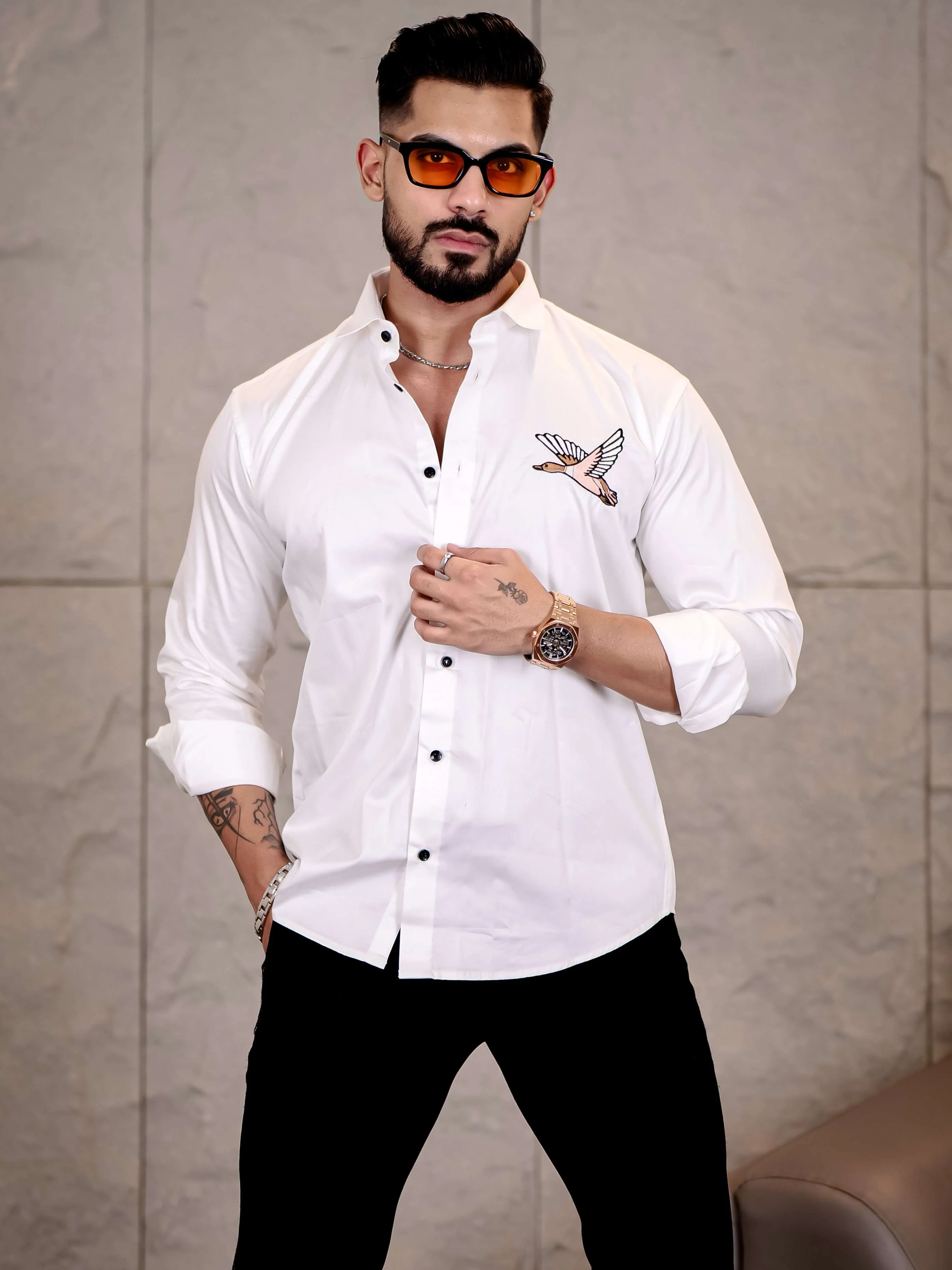 White Hans Embroidered Premium Cotton Shirt For Men - Image 3