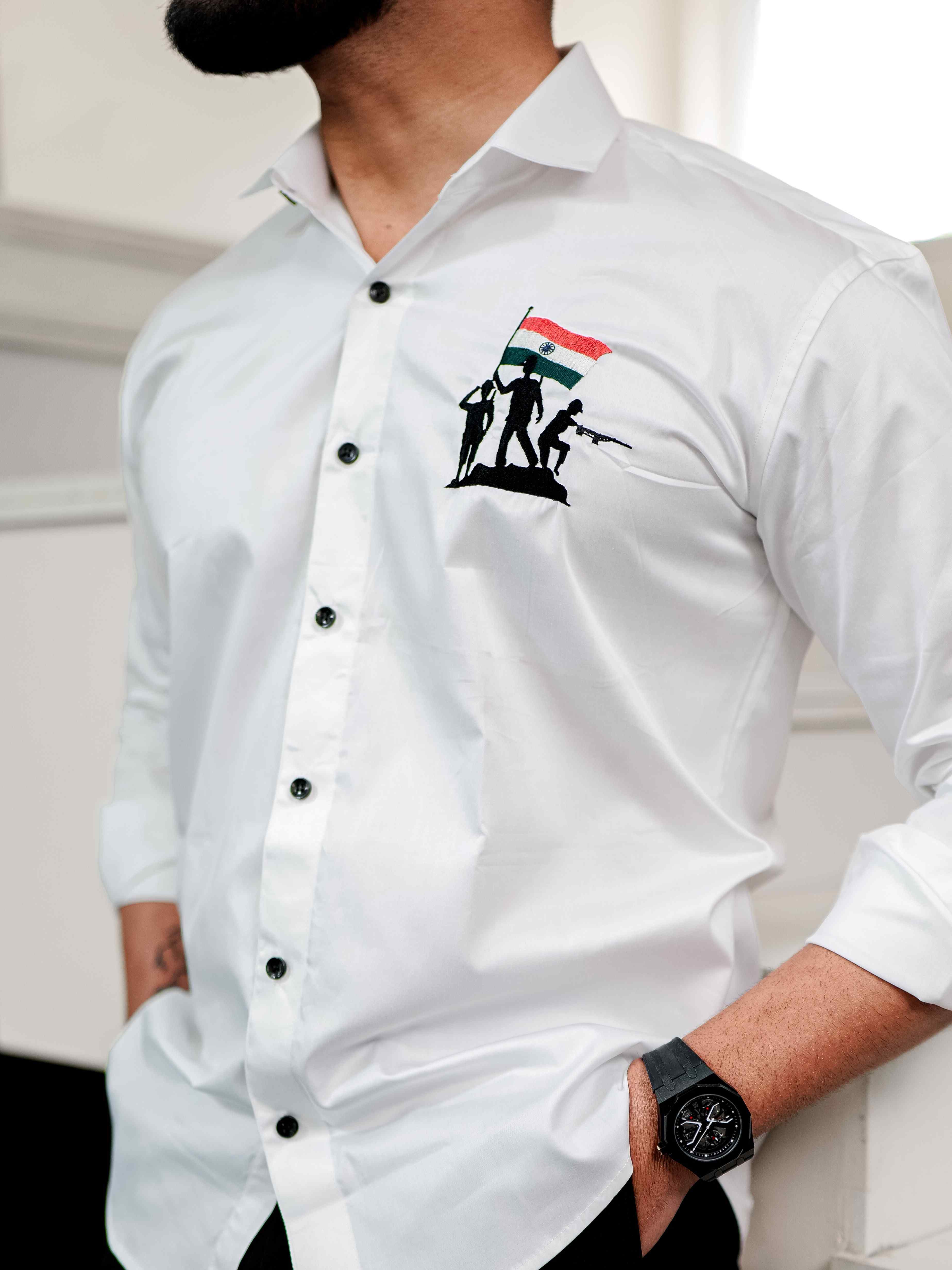 White Indian Flag Embroidered Satin Cotton Shirt - Image 10