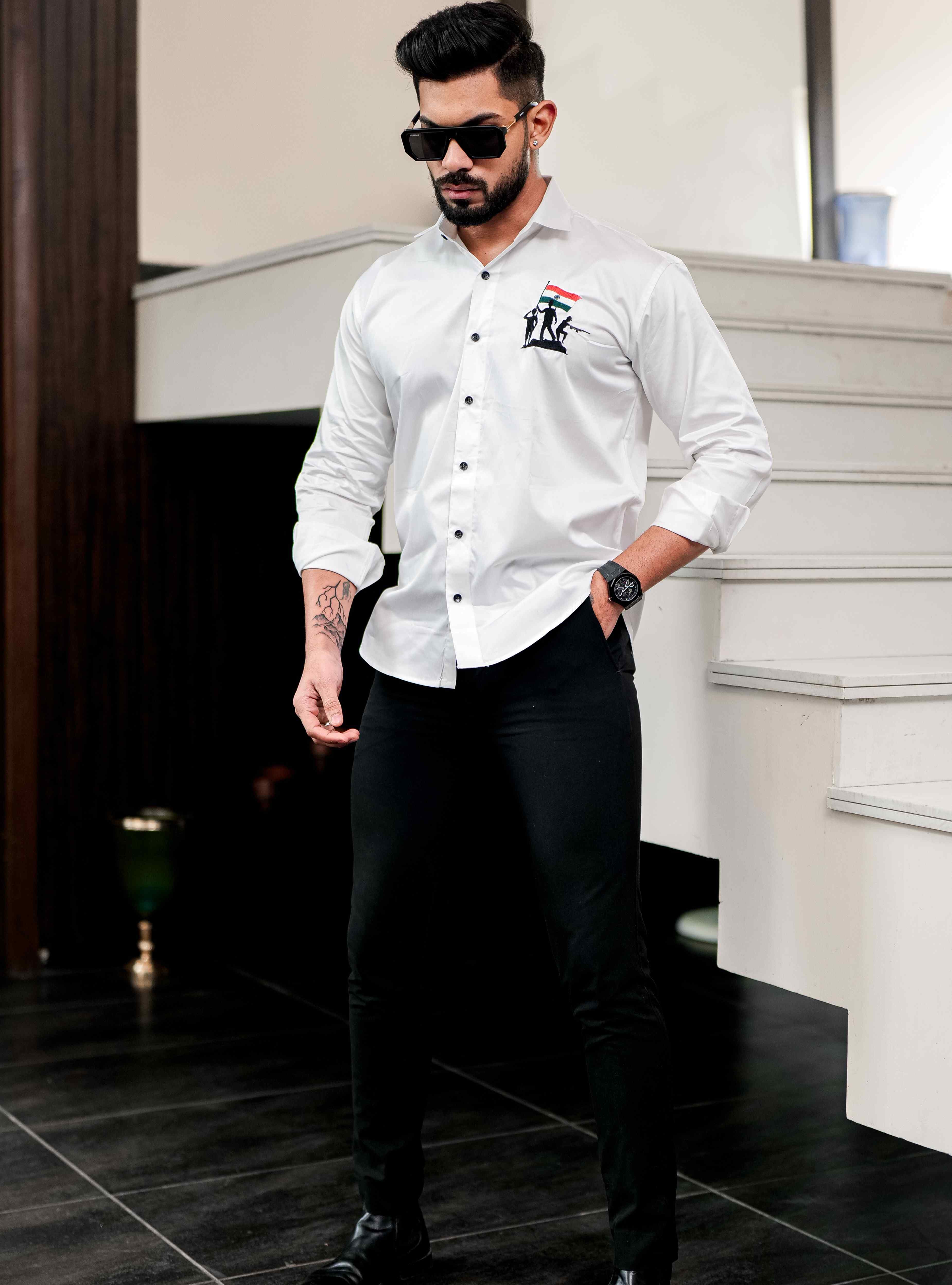 White Indian Flag Embroidered Satin Cotton Shirt - Image 3